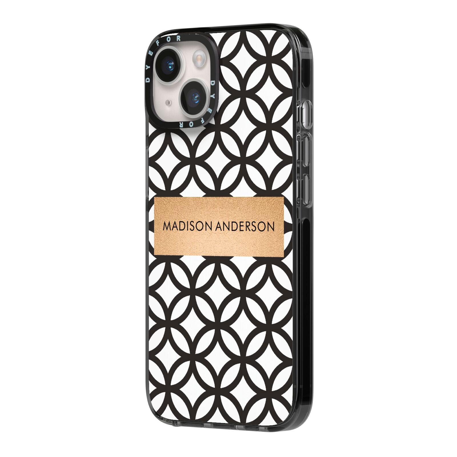 Personalised Geometric Name Or Initials Custom iPhone 14 Black Impact Case Side Angle on Silver phone