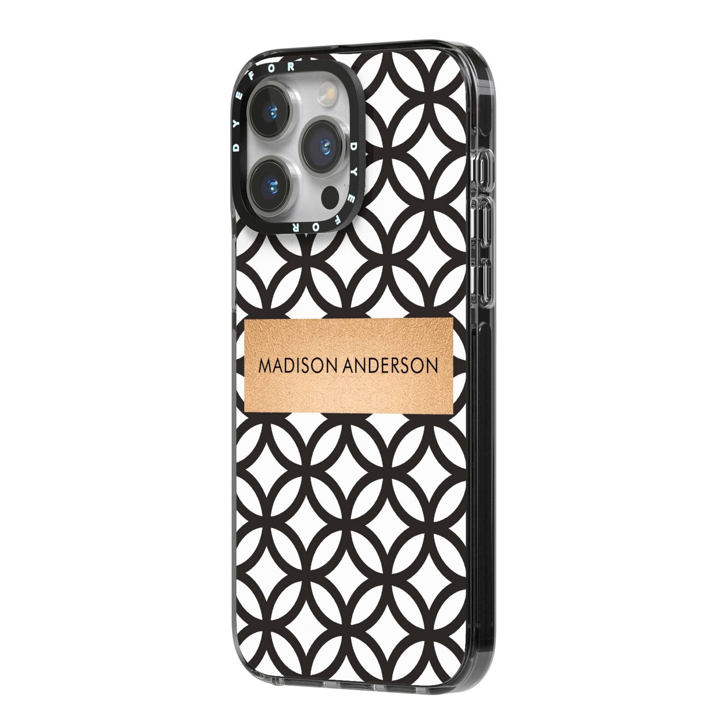 Personalised Geometric Name Or Initials Custom iPhone 14 Pro Max Black Impact Case Side Angle on Silver phone