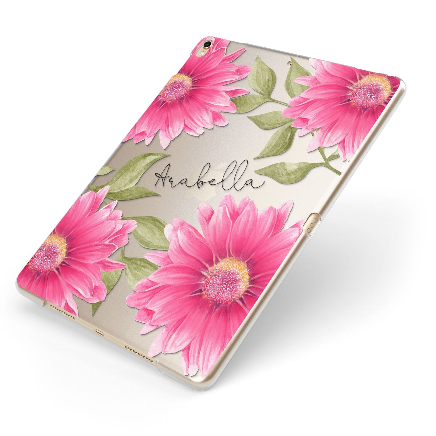 Personalised Gerbera Daisy Apple iPad Case on Gold iPad Side View