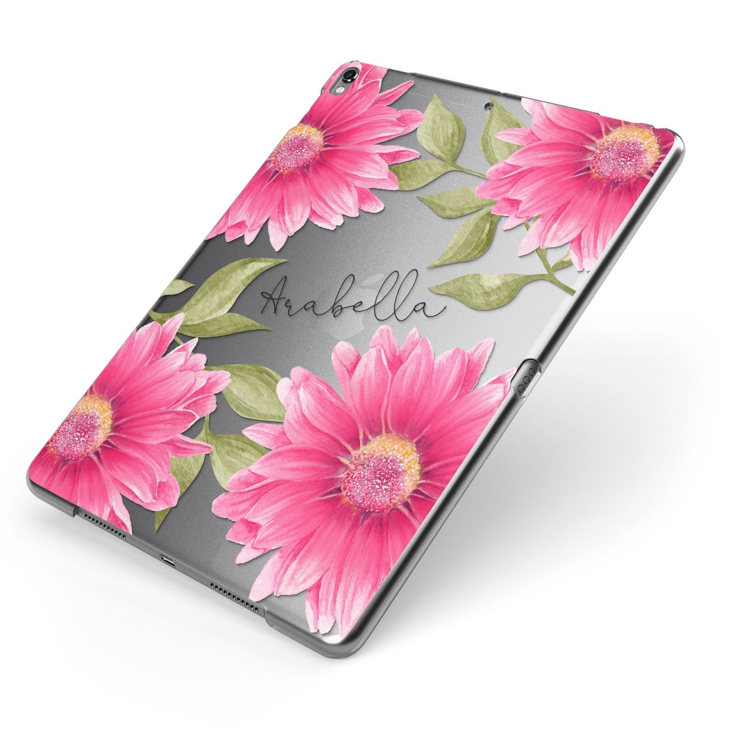 Personalised Gerbera Daisy Apple iPad Case on Grey iPad Side View