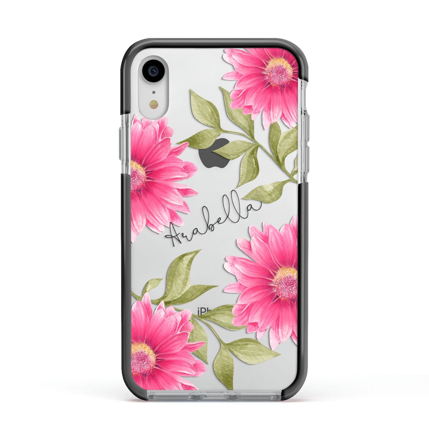 Personalised Gerbera Daisy Apple iPhone XR Impact Case Black Edge on Silver Phone