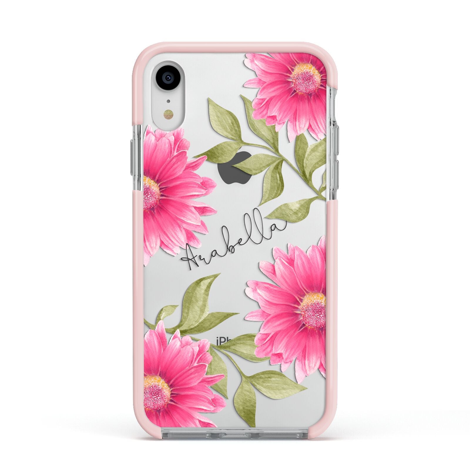 Personalised Gerbera Daisy Apple iPhone XR Impact Case Pink Edge on Silver Phone