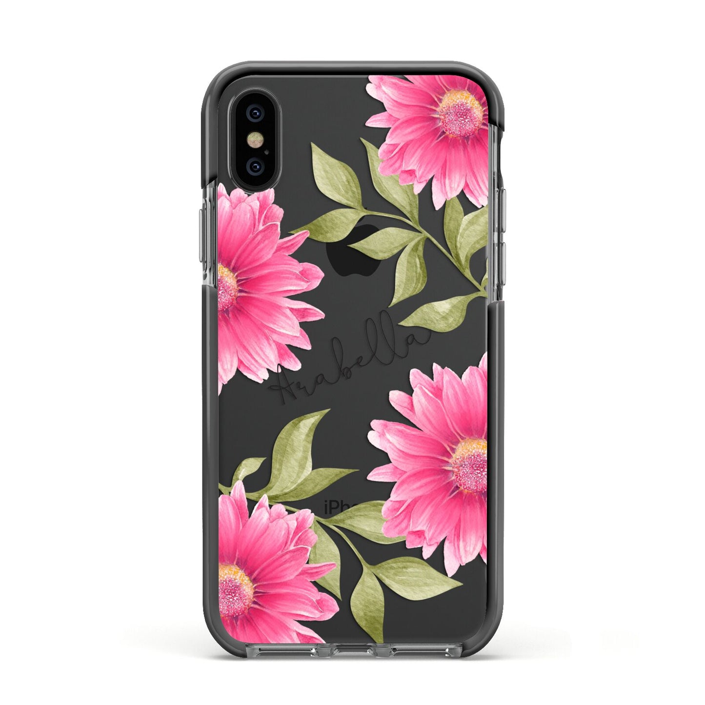 Personalised Gerbera Daisy Apple iPhone Xs Impact Case Black Edge on Black Phone