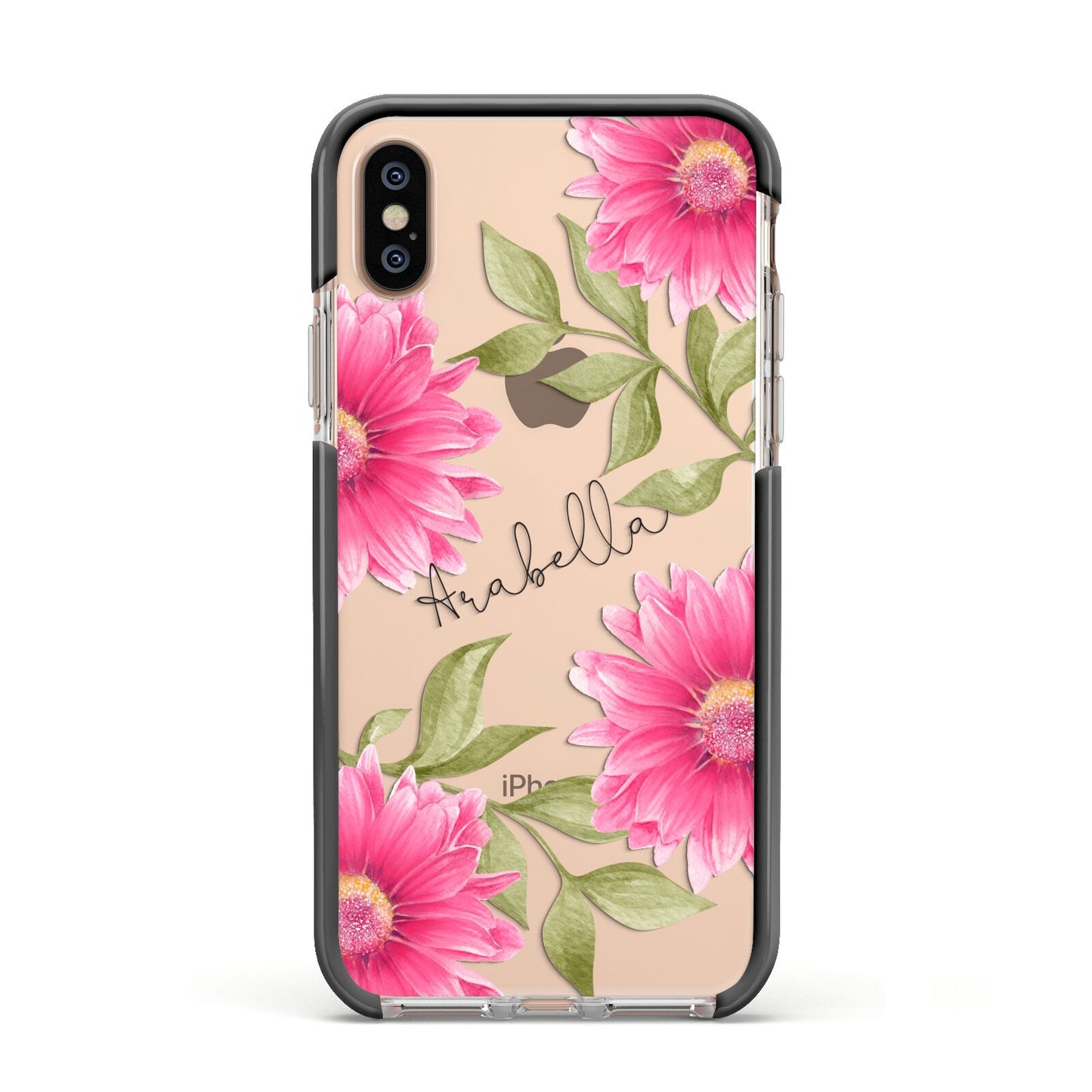 Personalised Gerbera Daisy Apple iPhone Xs Impact Case Black Edge on Gold Phone