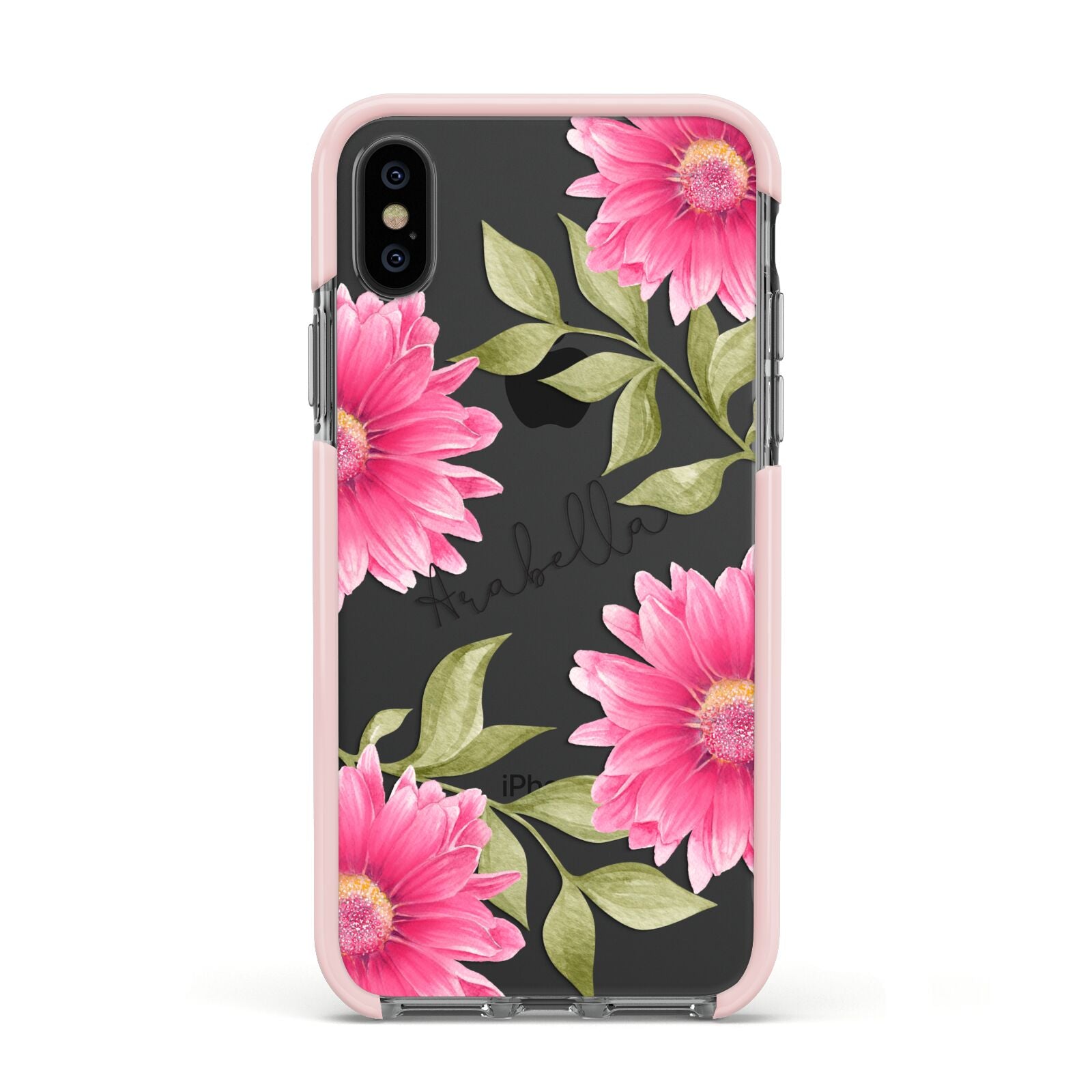 Personalised Gerbera Daisy Apple iPhone Xs Impact Case Pink Edge on Black Phone