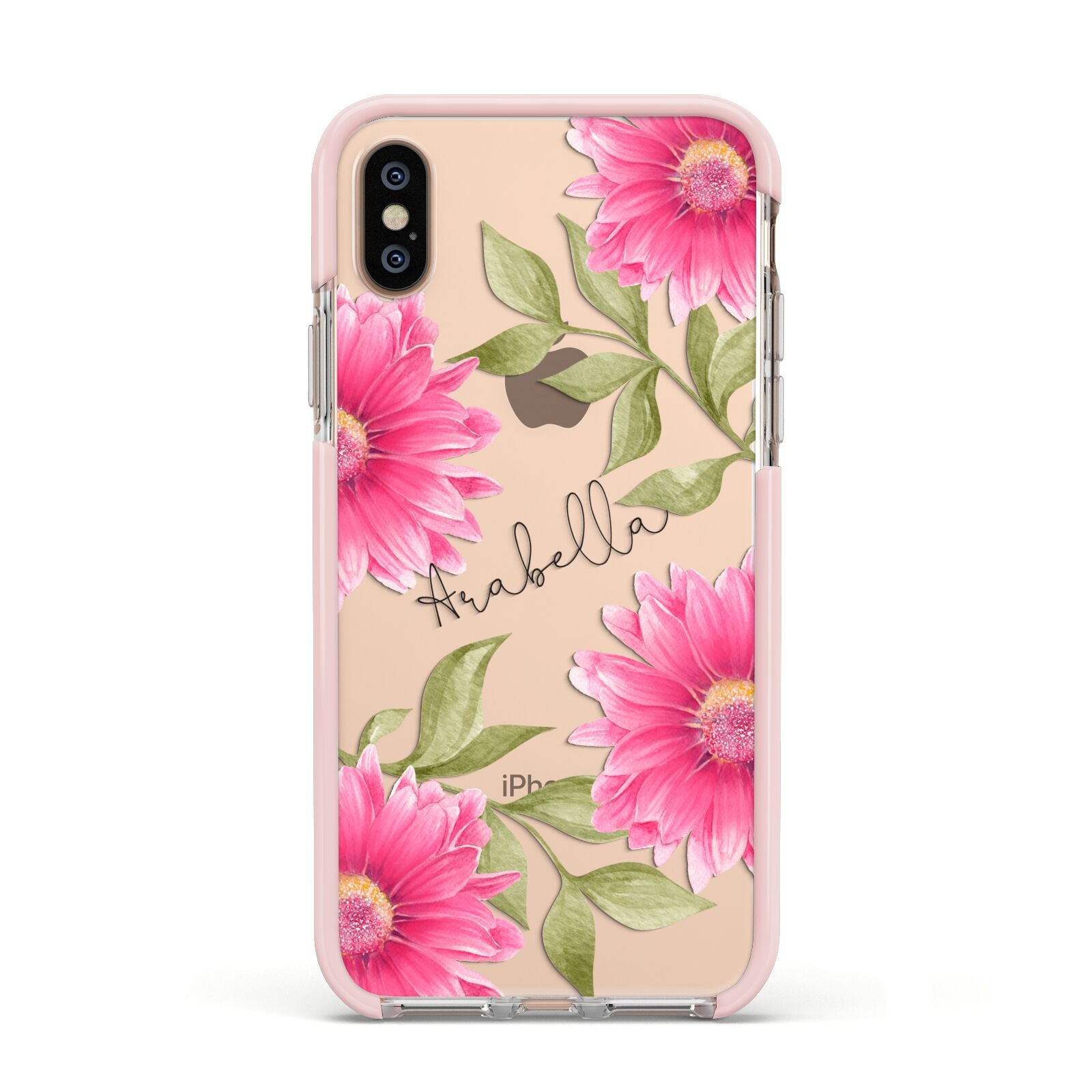 Personalised Gerbera Daisy Apple iPhone Xs Impact Case Pink Edge on Gold Phone