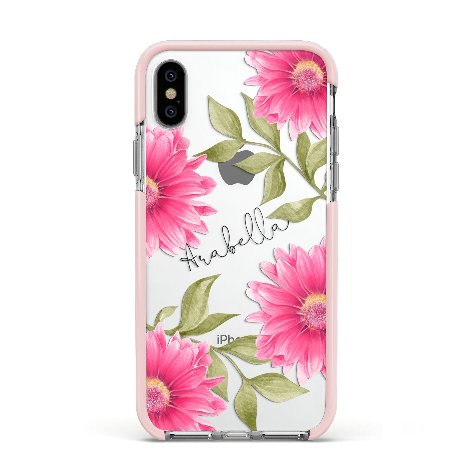 Personalised Gerbera Daisy Apple iPhone Xs Impact Case Pink Edge on Silver Phone