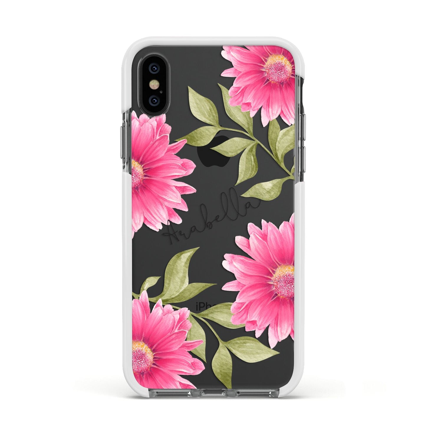 Personalised Gerbera Daisy Apple iPhone Xs Impact Case White Edge on Black Phone