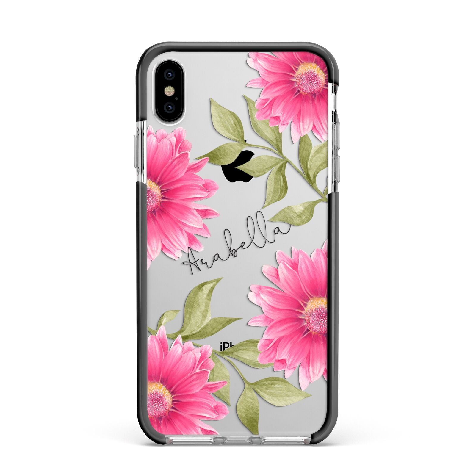 Personalised Gerbera Daisy Apple iPhone Xs Max Impact Case Black Edge on Silver Phone