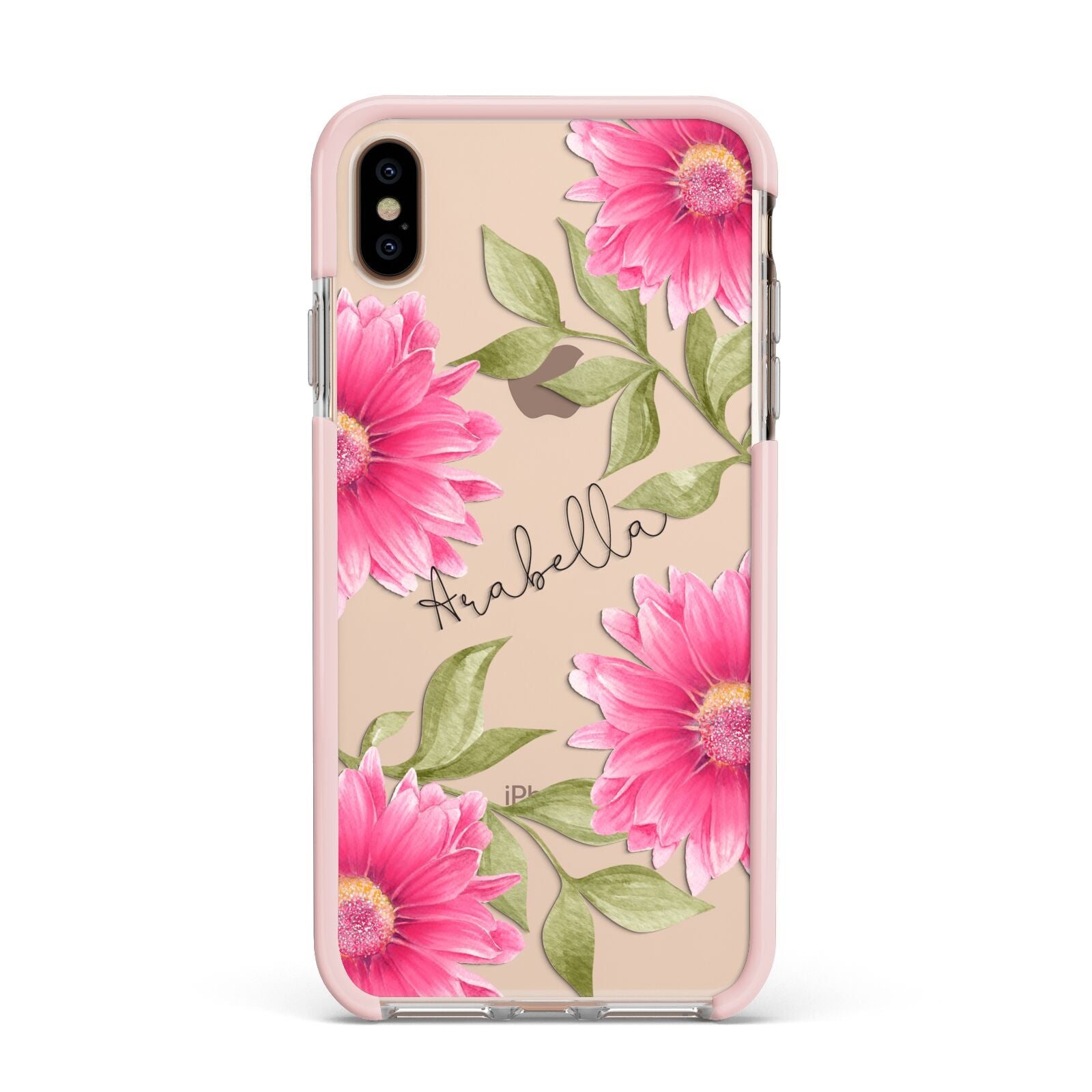 Personalised Gerbera Daisy Apple iPhone Xs Max Impact Case Pink Edge on Gold Phone