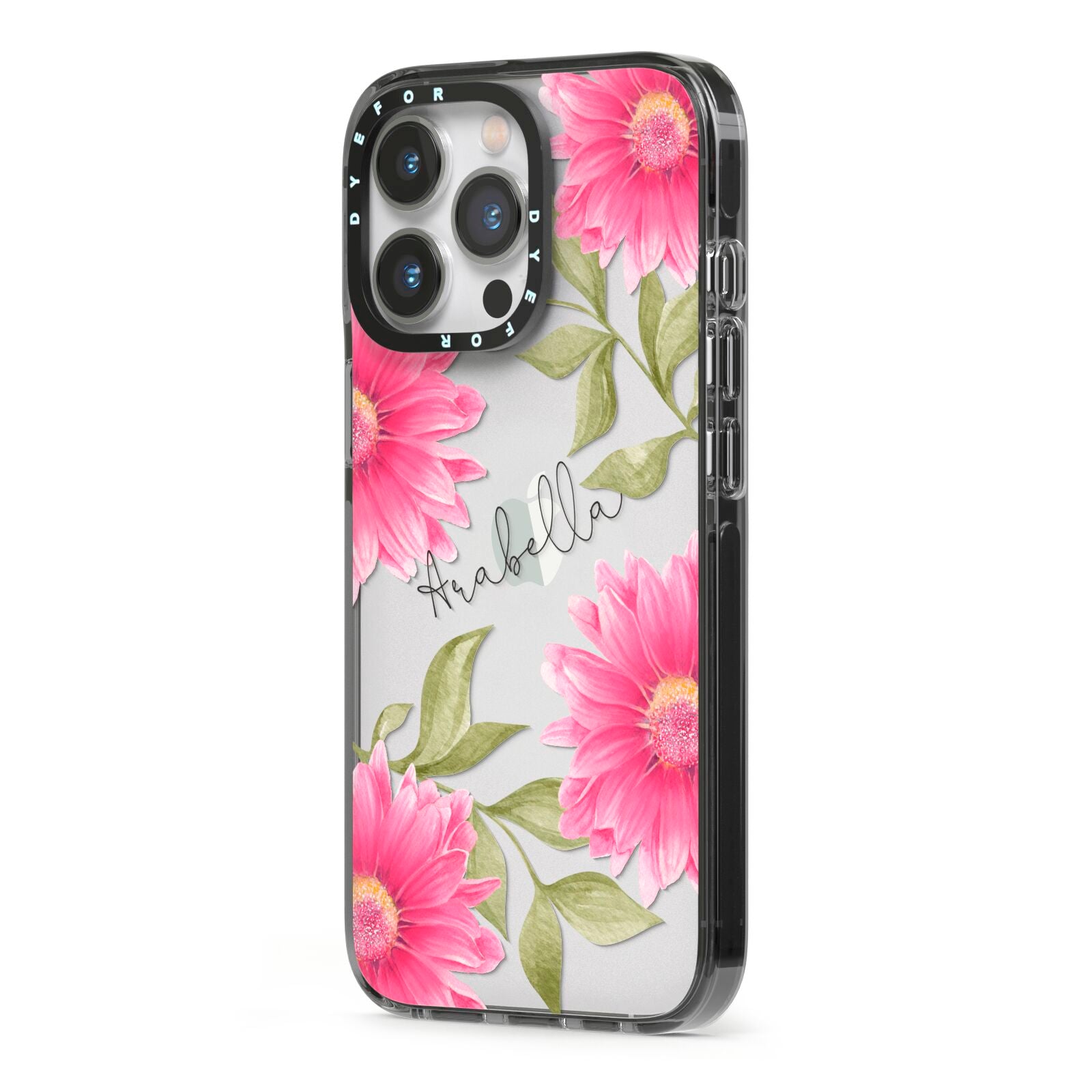 Personalised Gerbera Daisy iPhone 13 Pro Black Impact Case Side Angle on Silver phone