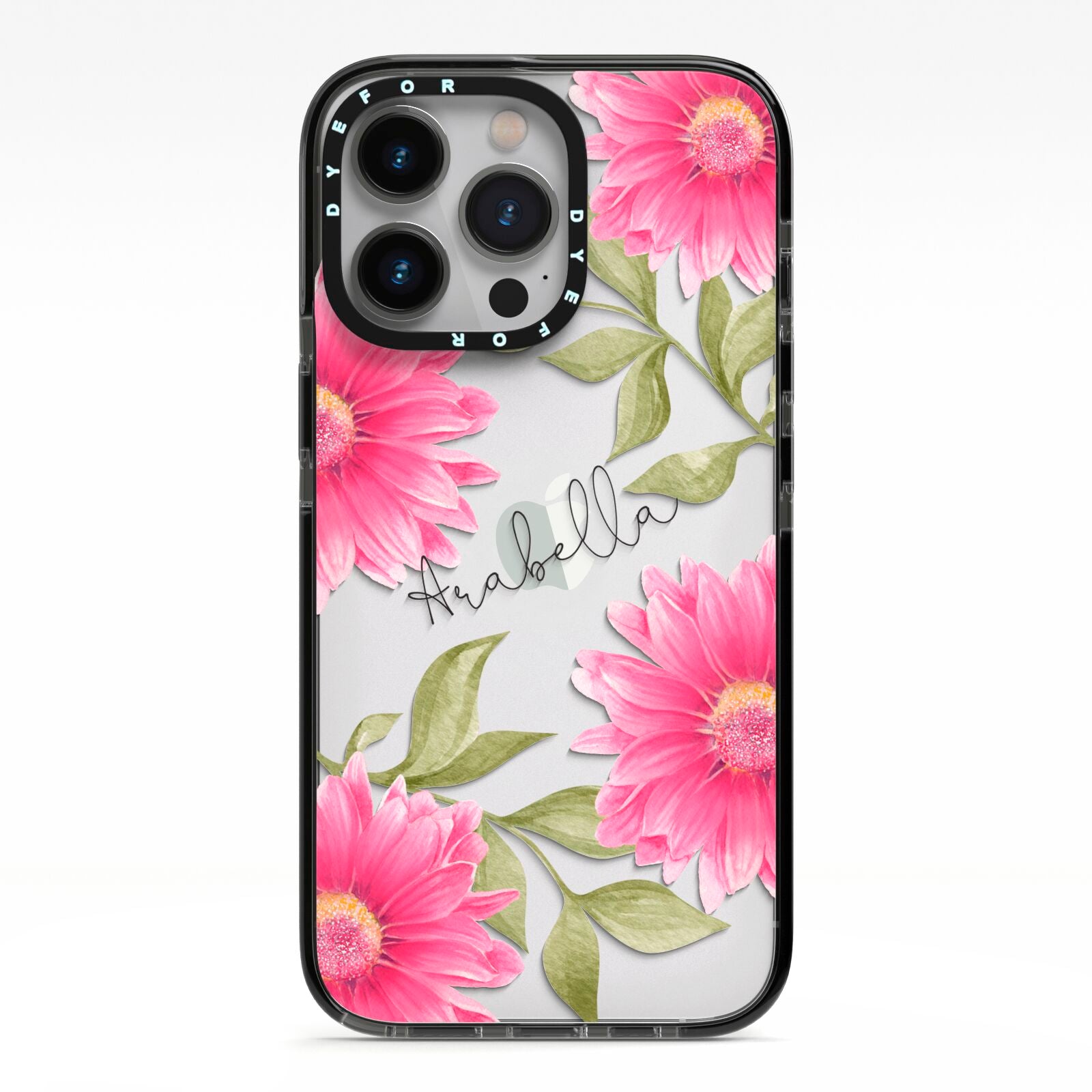 Personalised Gerbera Daisy iPhone 13 Pro Black Impact Case on Silver phone