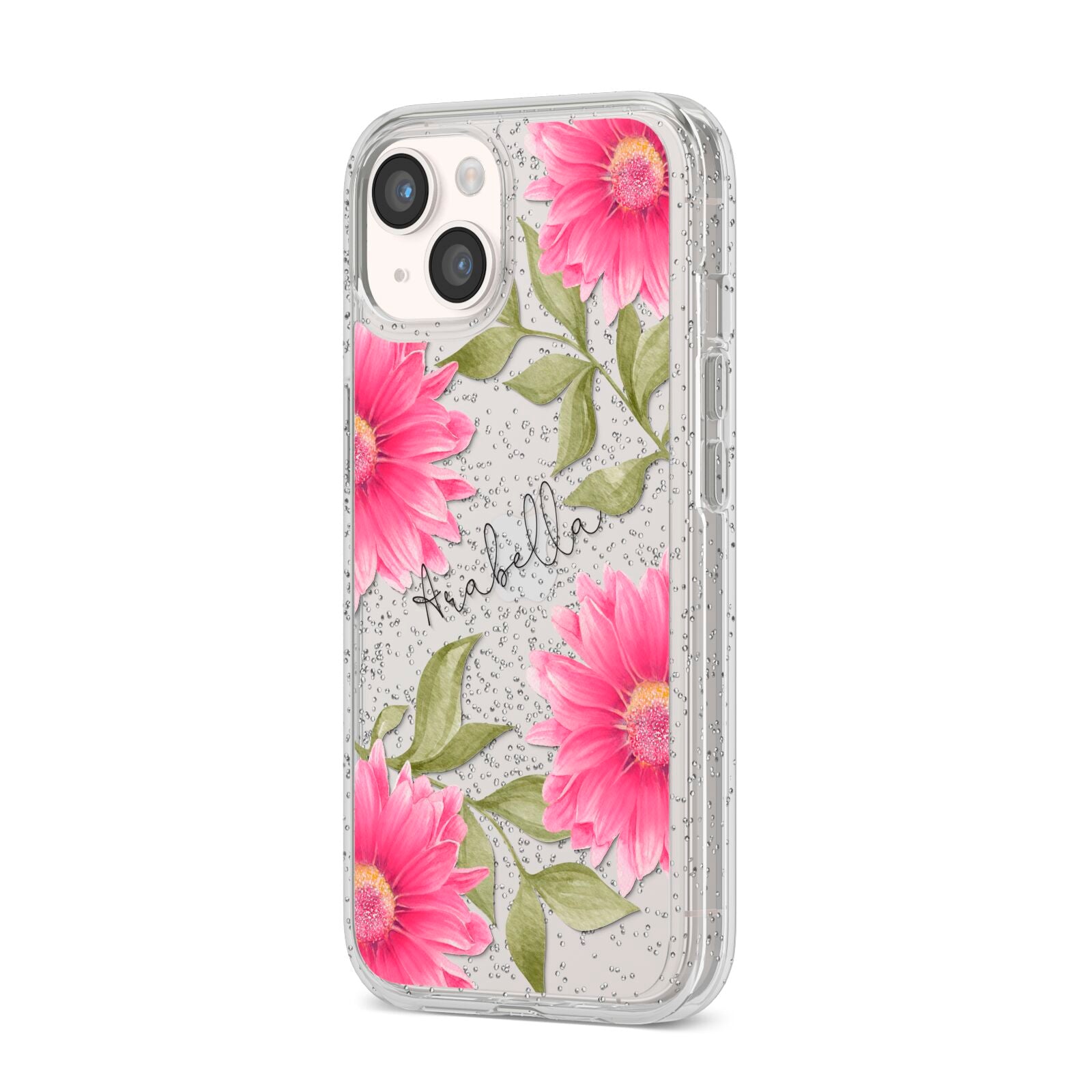 Personalised Gerbera Daisy iPhone 14 Glitter Tough Case Starlight Angled Image