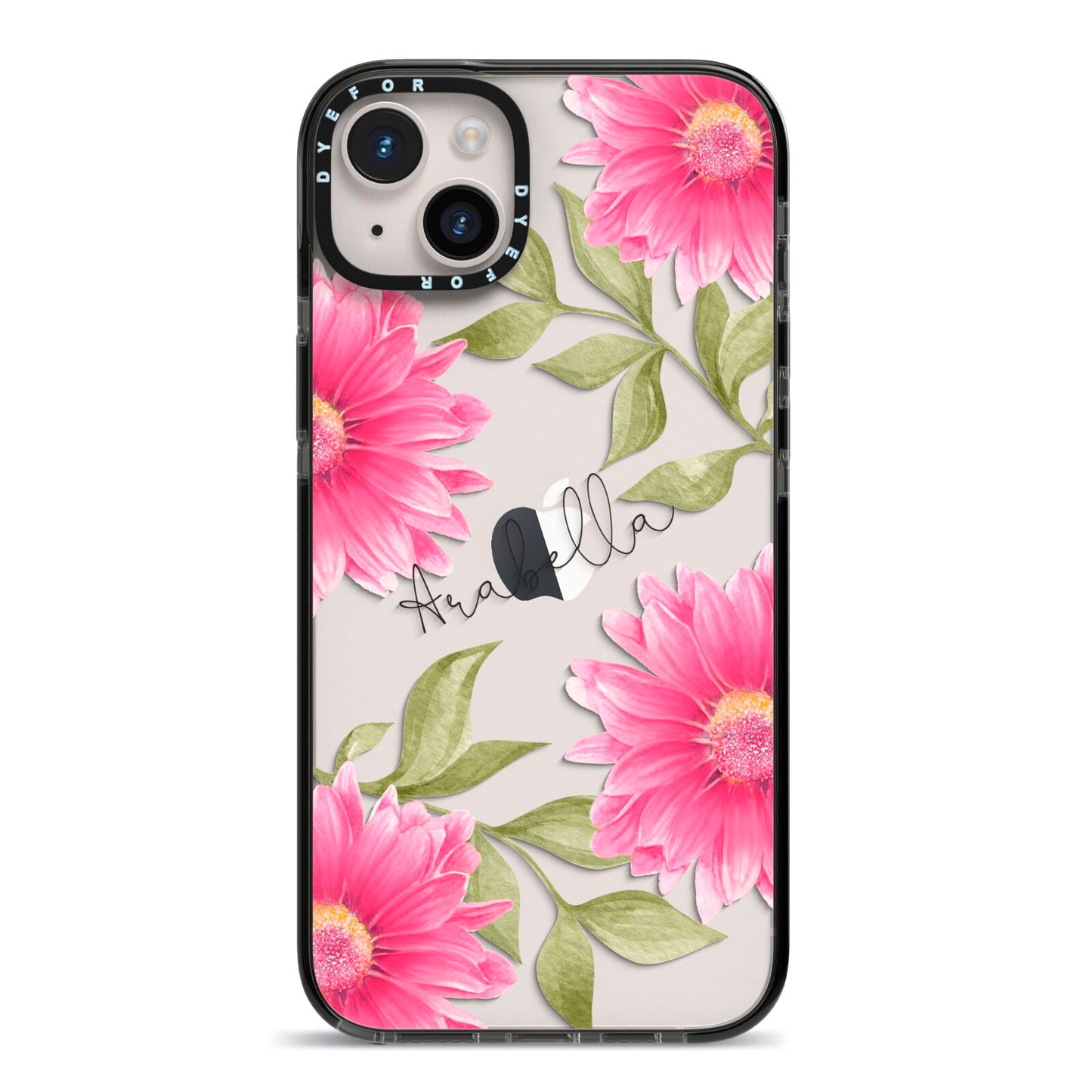 Personalised Gerbera Daisy iPhone 14 Plus Black Impact Case on Silver phone