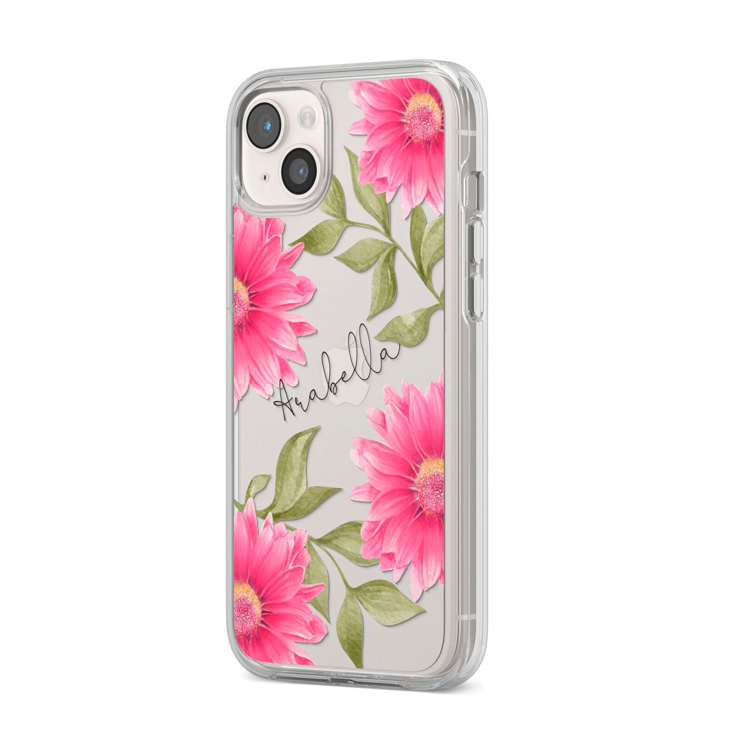 Personalised Gerbera Daisy iPhone 14 Plus Clear Tough Case Starlight Angled Image