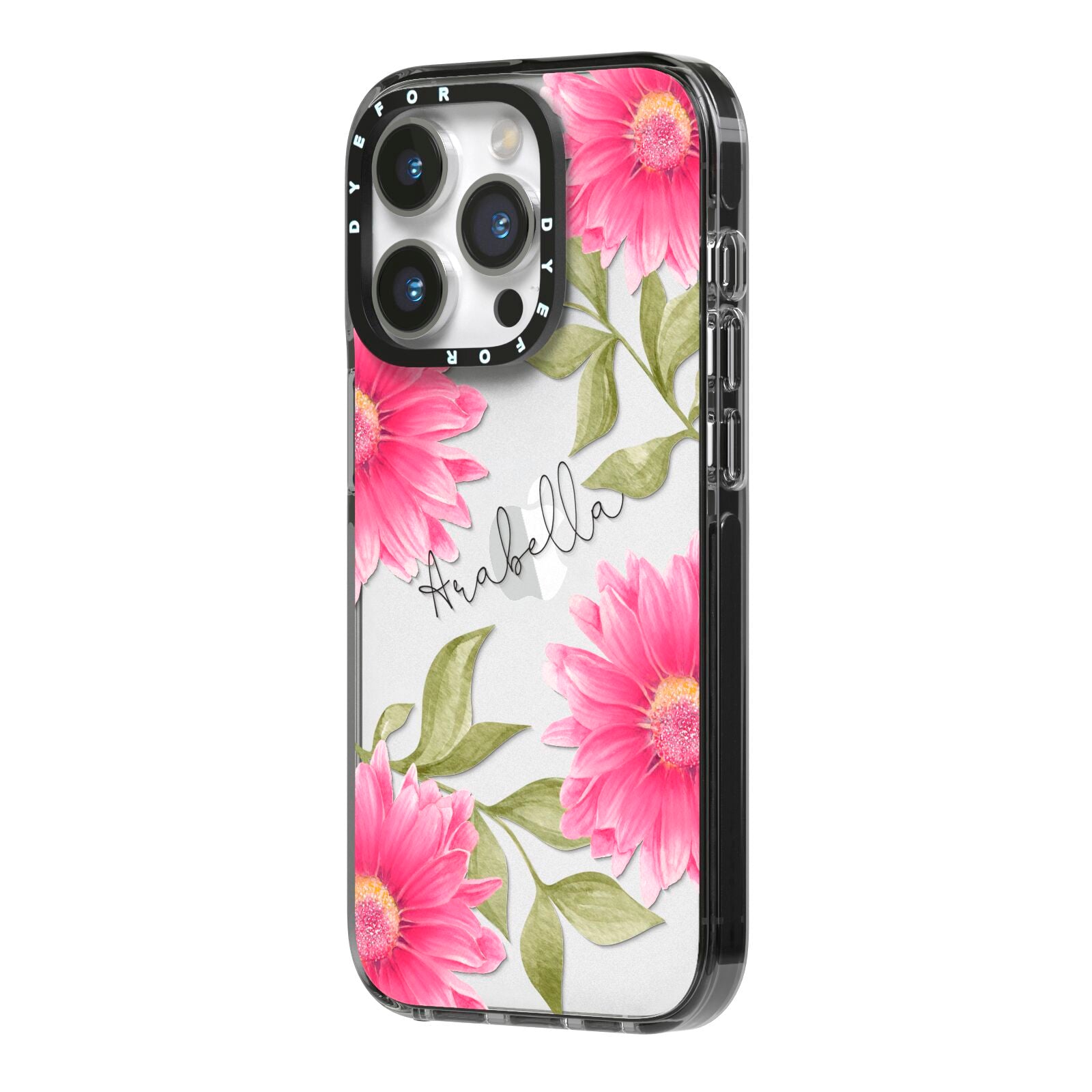 Personalised Gerbera Daisy iPhone 14 Pro Black Impact Case Side Angle on Silver phone