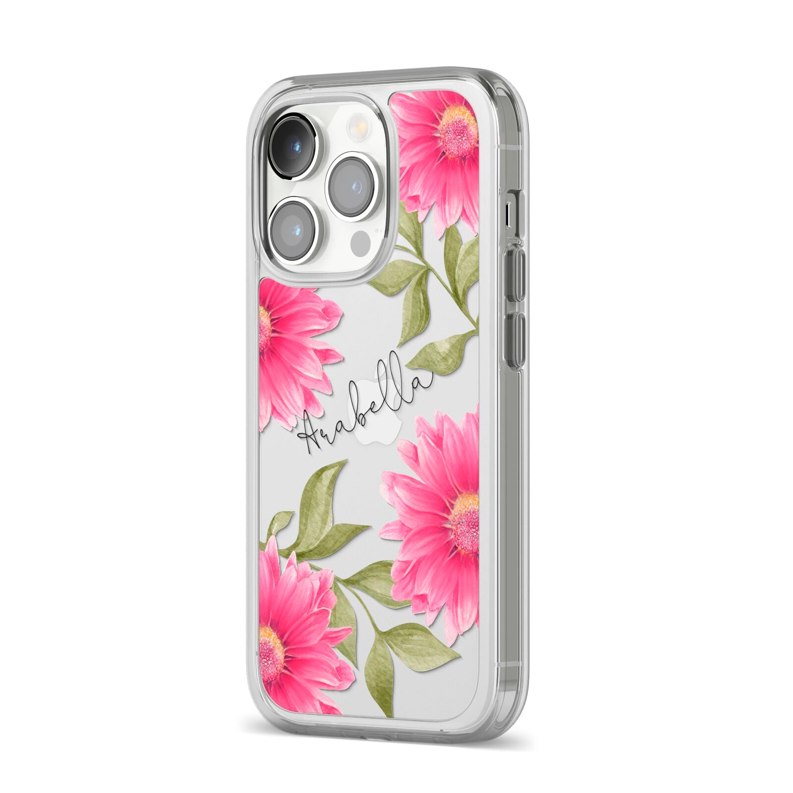 Personalised Gerbera Daisy iPhone 14 Pro Clear Tough Case Silver Angled Image