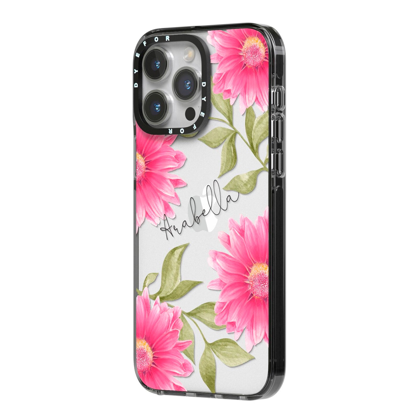 Personalised Gerbera Daisy iPhone 14 Pro Max Black Impact Case Side Angle on Silver phone