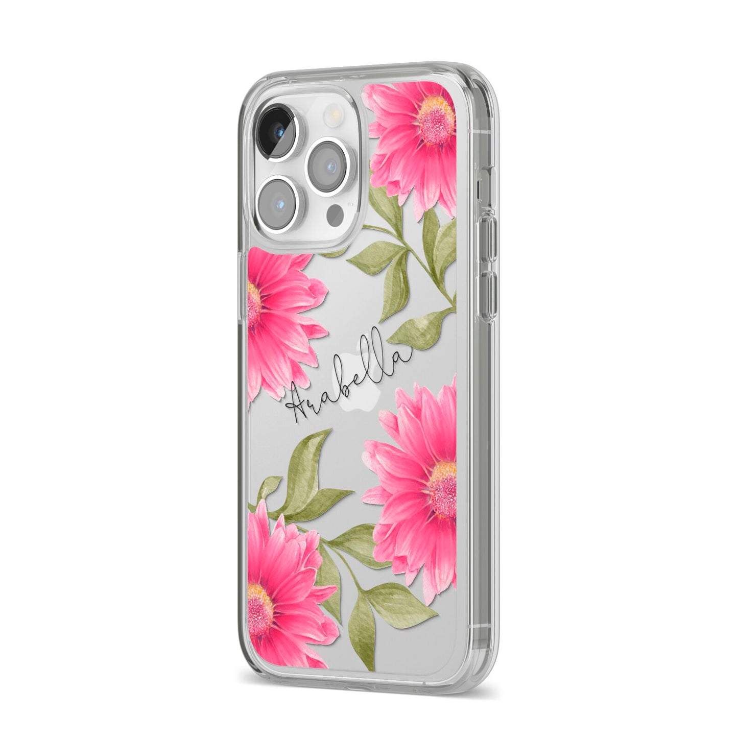 Personalised Gerbera Daisy iPhone 14 Pro Max Clear Tough Case Silver Angled Image