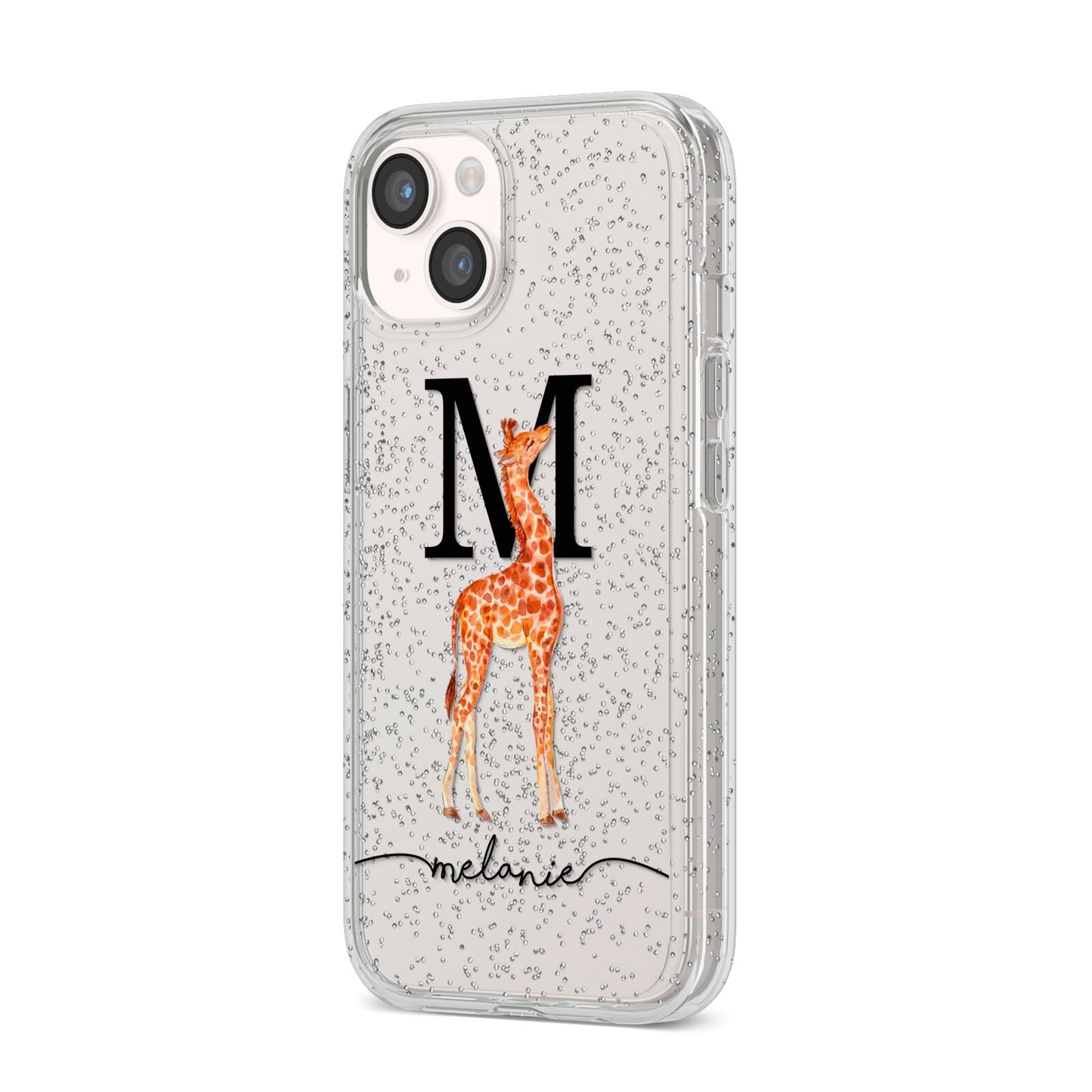 Personalised Giraffe Initial iPhone 14 Glitter Tough Case Starlight Angled Image