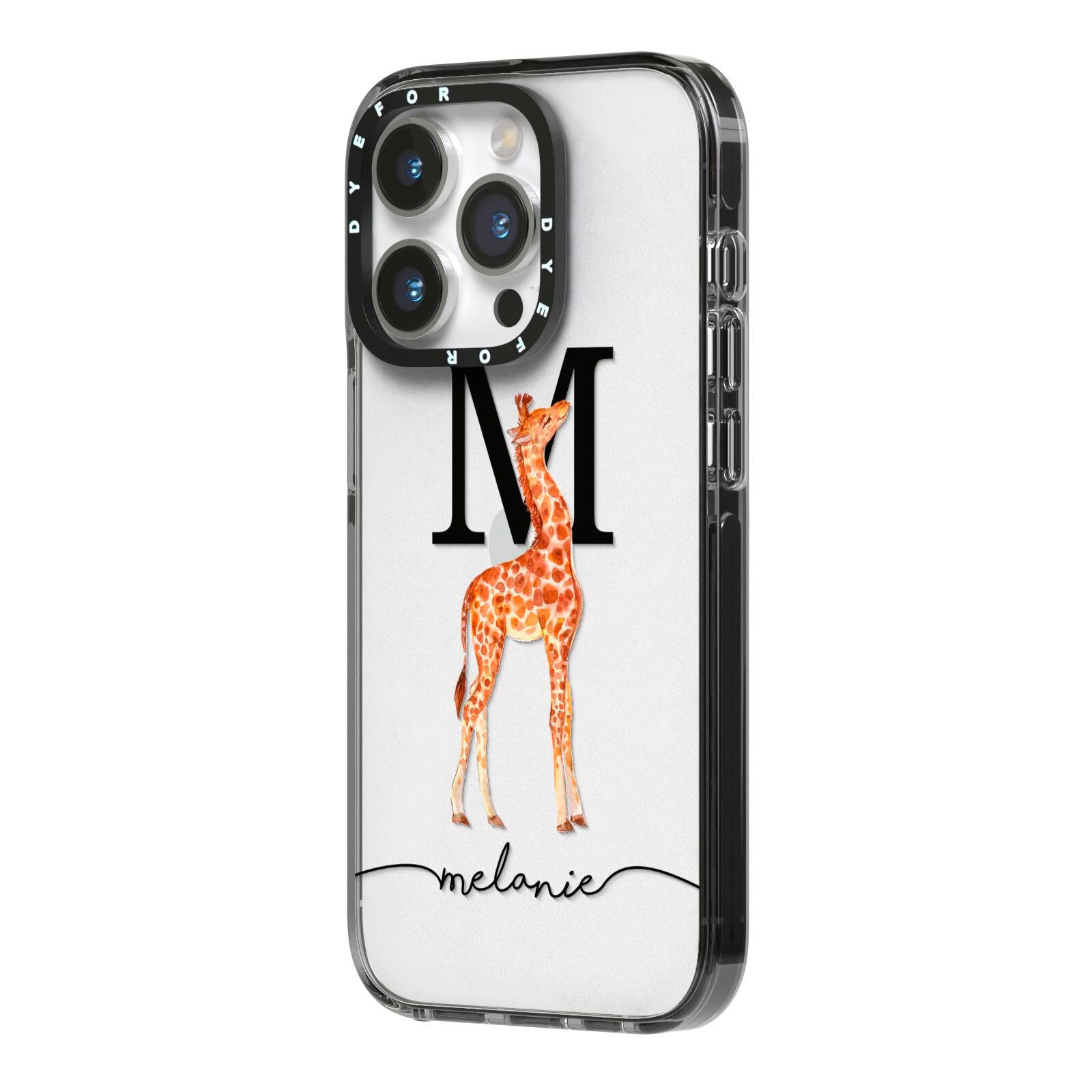 Personalised Giraffe Initial iPhone 14 Pro Black Impact Case Side Angle on Silver phone