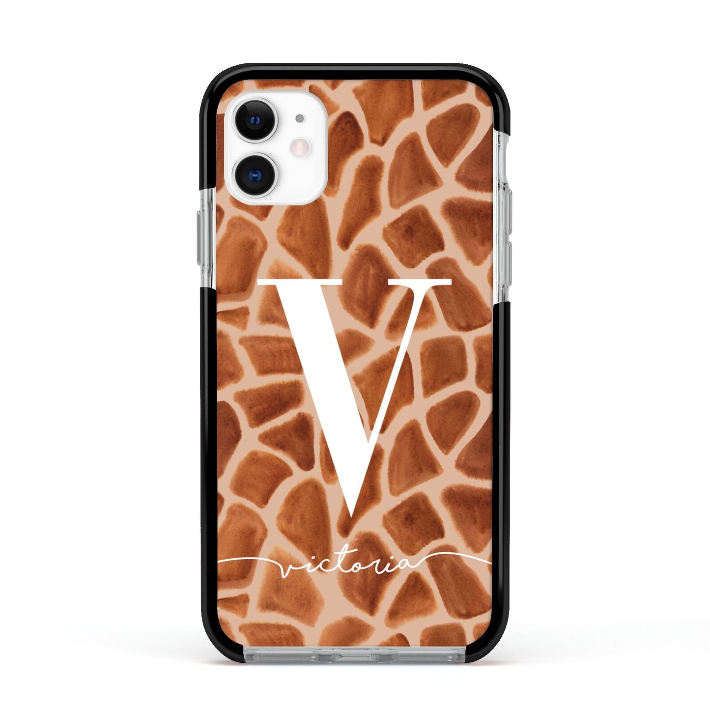 Personalised Giraffe Print Apple iPhone 11 in White with Black Impact Case