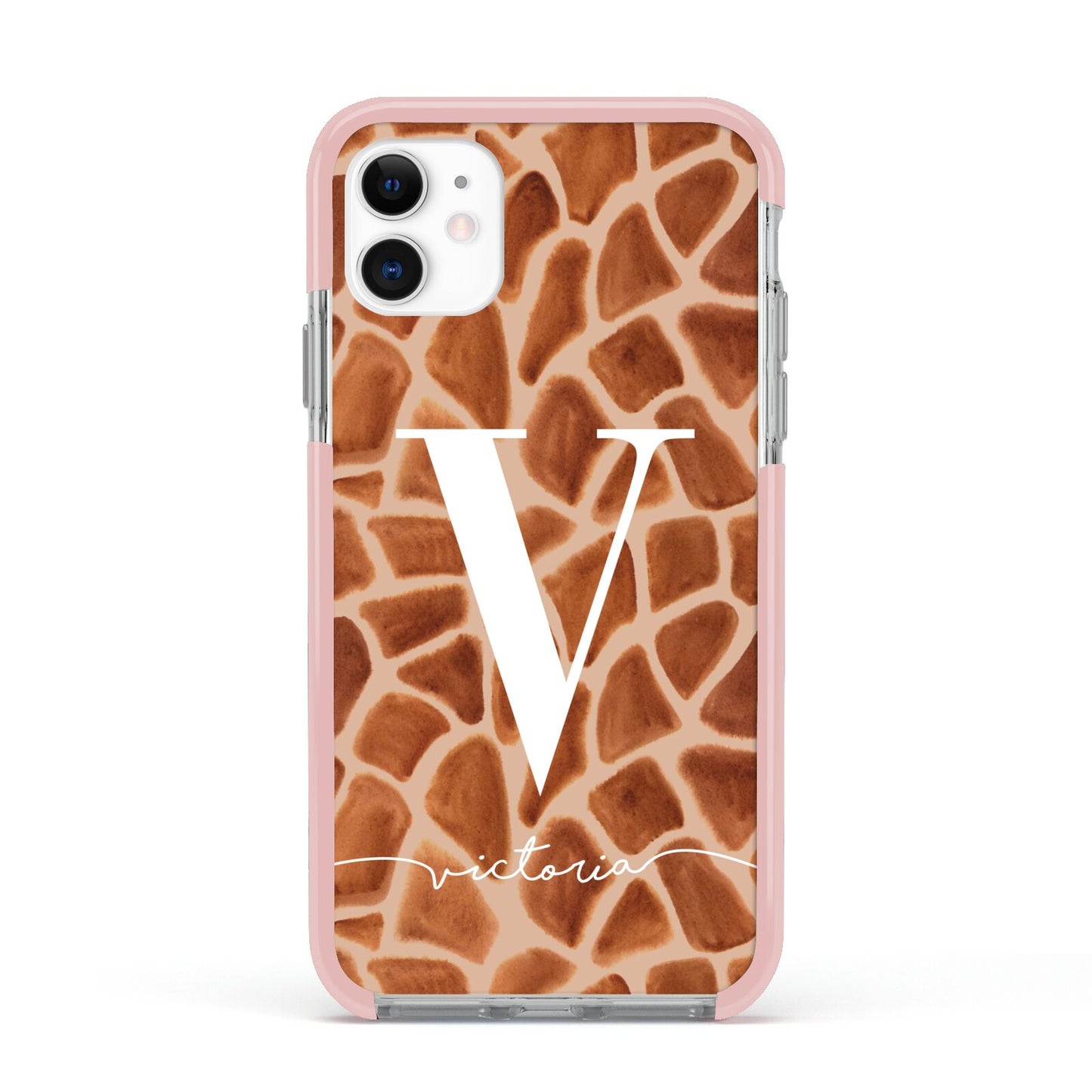 Personalised Giraffe Print Apple iPhone 11 in White with Pink Impact Case