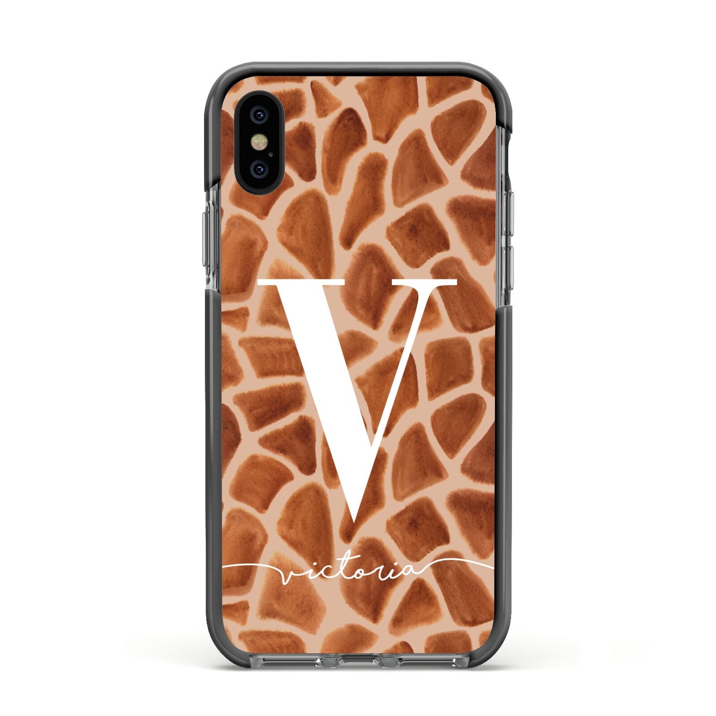 Personalised Giraffe Print Apple iPhone Xs Impact Case Black Edge on Black Phone