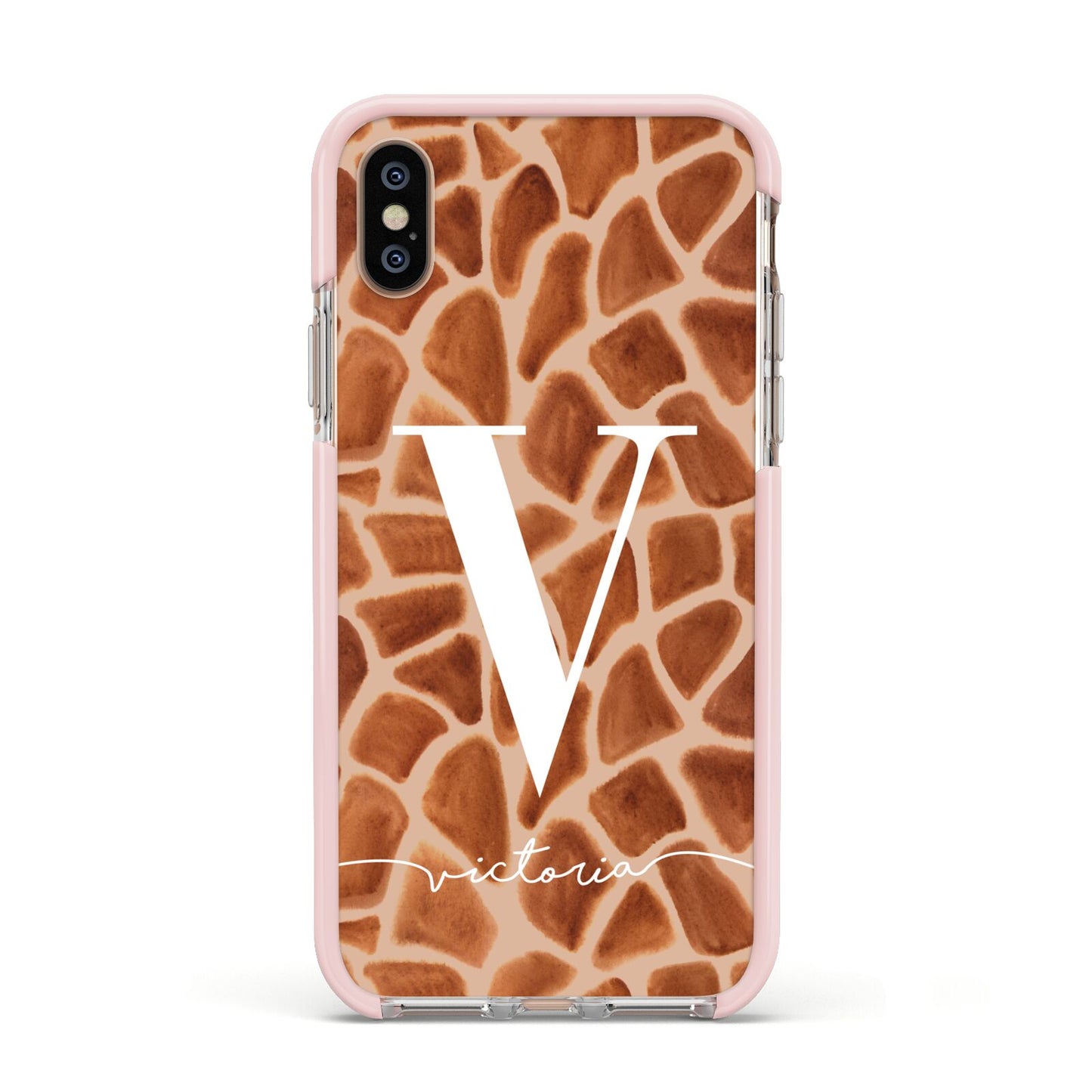 Personalised Giraffe Print Apple iPhone Xs Impact Case Pink Edge on Gold Phone