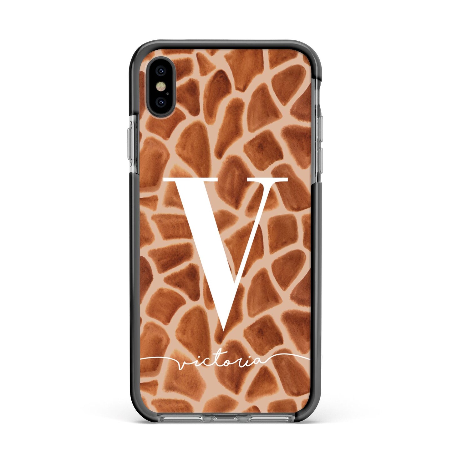 Personalised Giraffe Print Apple iPhone Xs Max Impact Case Black Edge on Black Phone