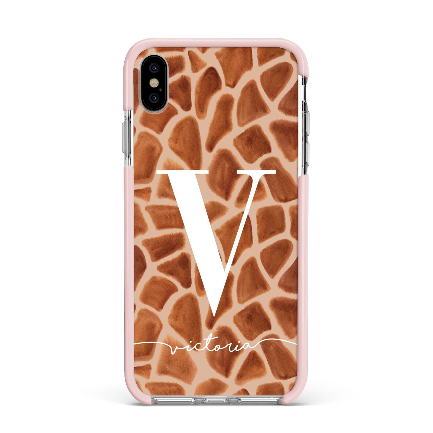 Personalised Giraffe Print Apple iPhone Xs Max Impact Case Pink Edge on Silver Phone