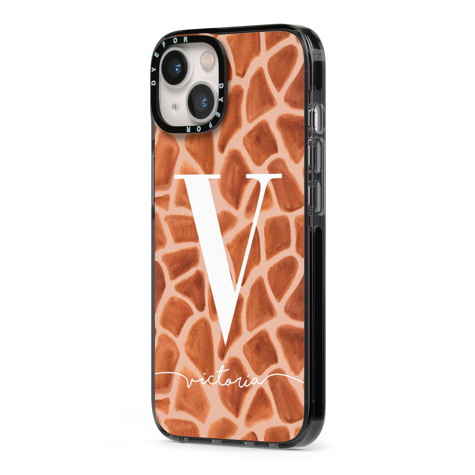 Personalised Giraffe Print iPhone 13 Black Impact Case Side Angle on Silver phone