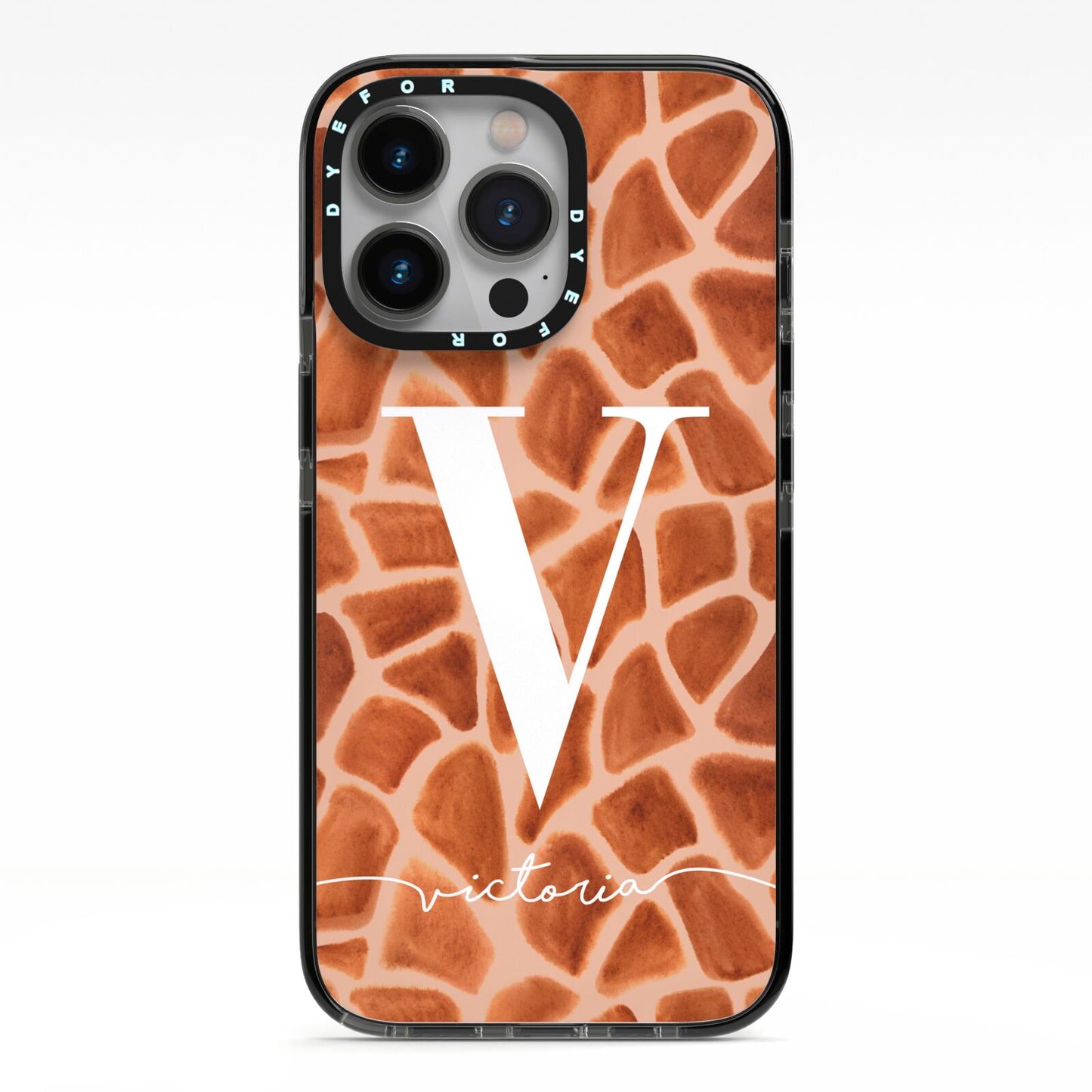 Personalised Giraffe Print iPhone 13 Pro Black Impact Case on Silver phone