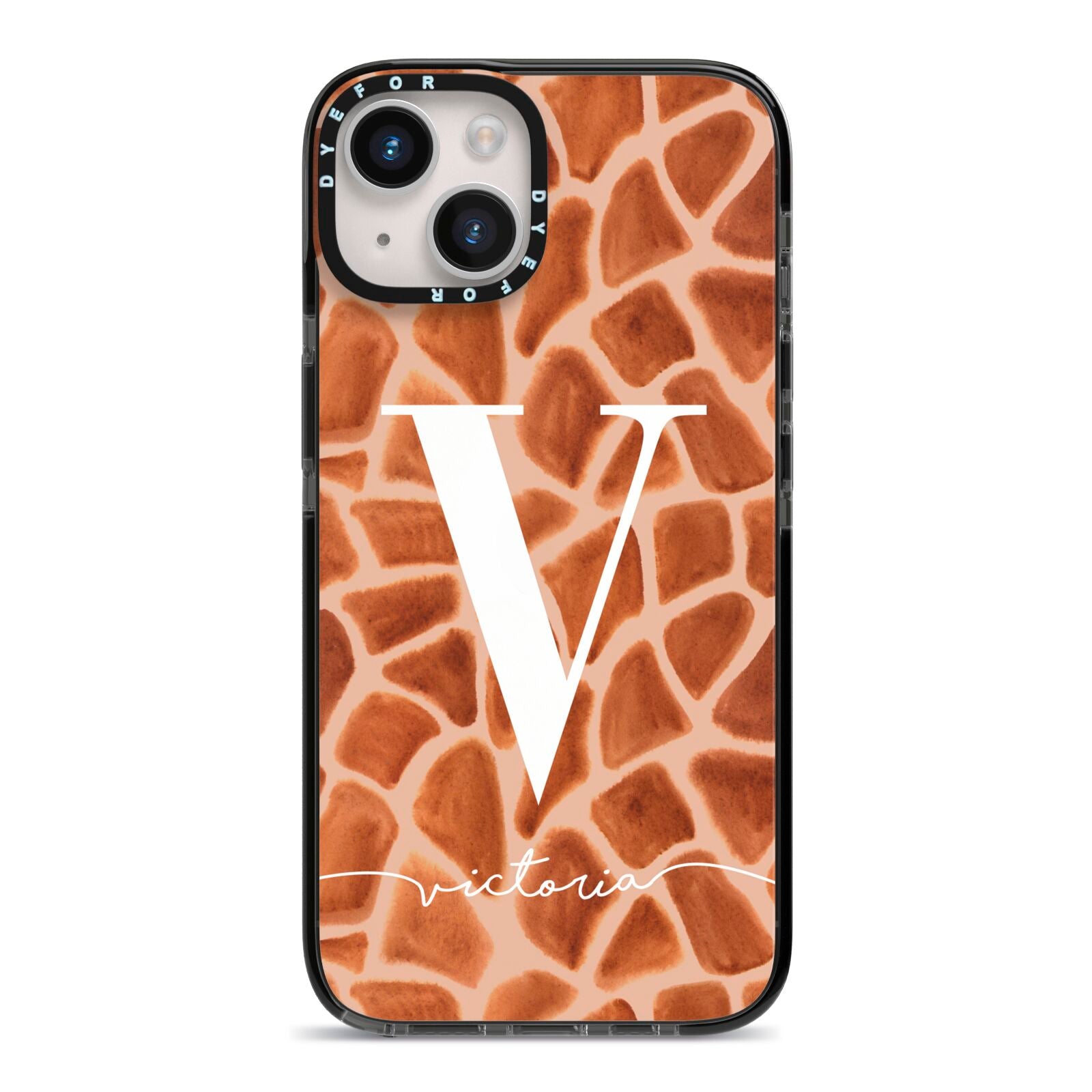 Personalised Giraffe Print iPhone 14 Black Impact Case on Silver phone