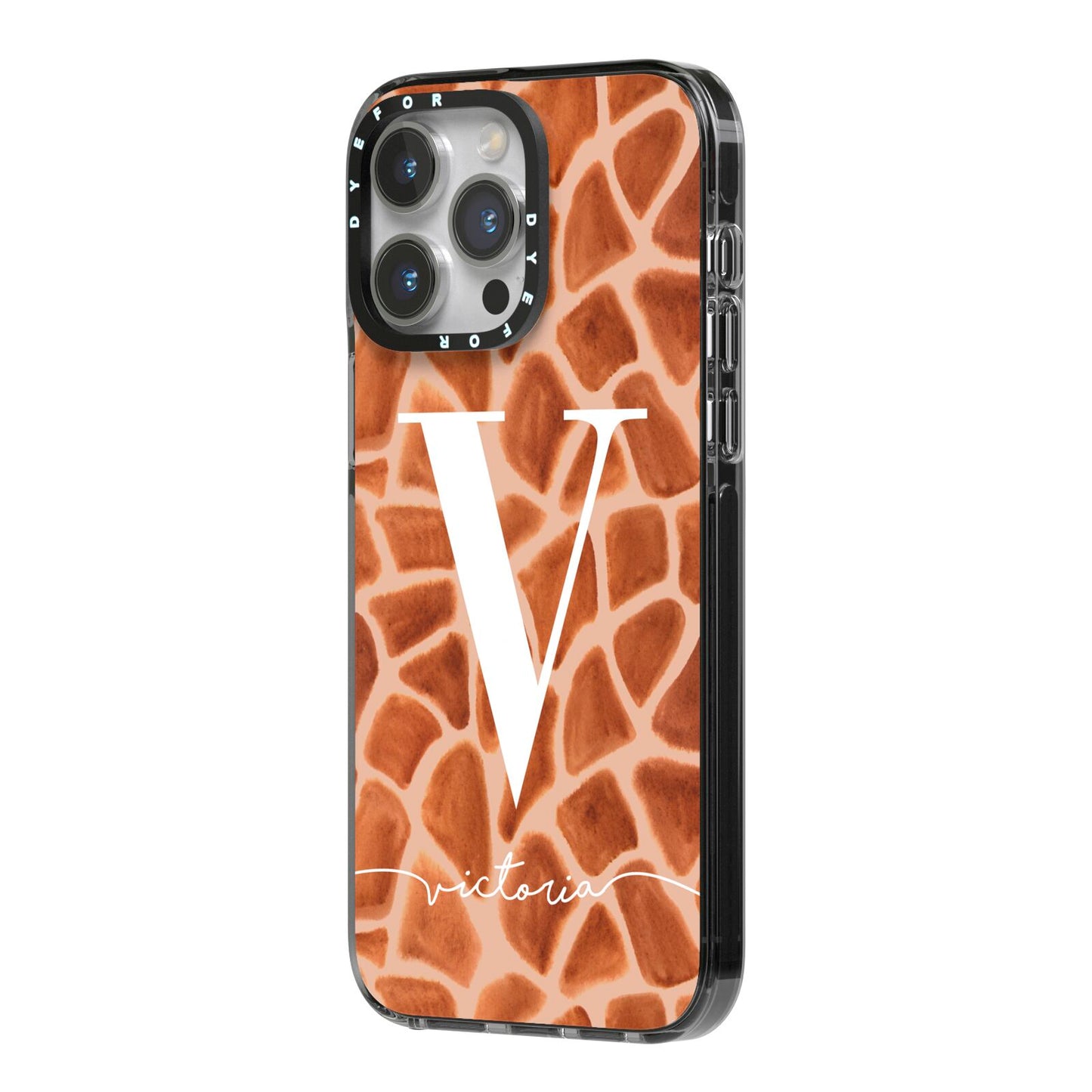 Personalised Giraffe Print iPhone 14 Pro Max Black Impact Case Side Angle on Silver phone