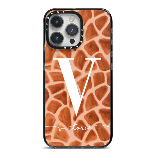 Personalised Giraffe Print iPhone 14 Pro Max Black Impact Case on Silver phone