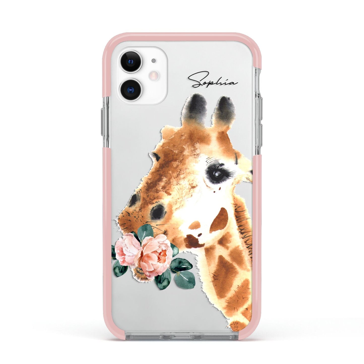 Personalised Giraffe Watercolour Apple iPhone 11 in White with Pink Impact Case