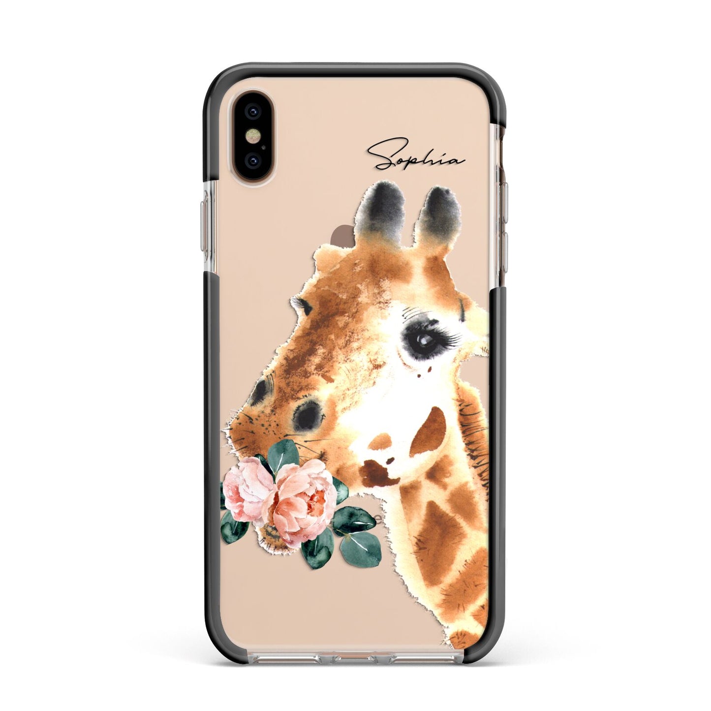 Personalised Giraffe Watercolour Apple iPhone Xs Max Impact Case Black Edge on Gold Phone