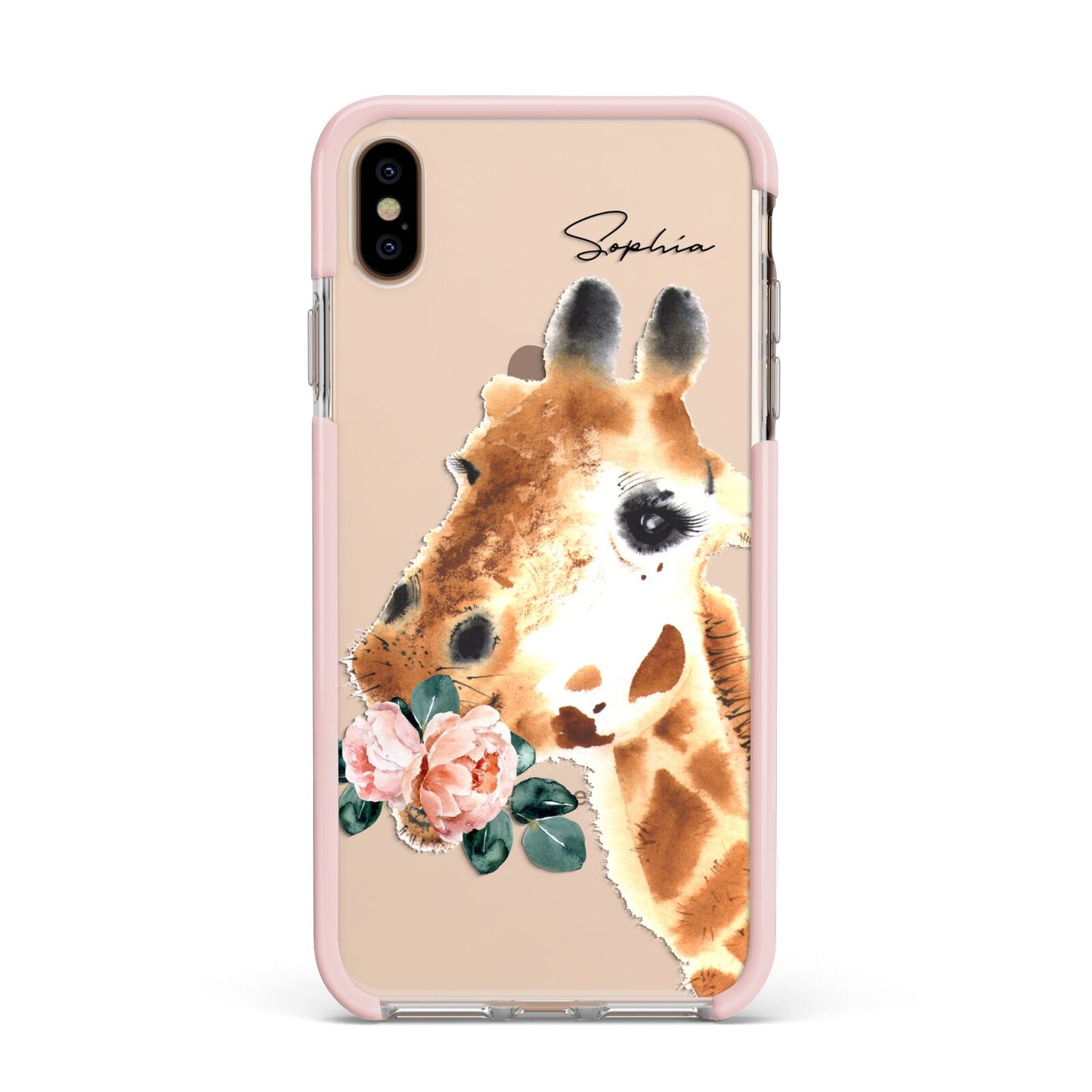 Personalised Giraffe Watercolour Apple iPhone Xs Max Impact Case Pink Edge on Gold Phone