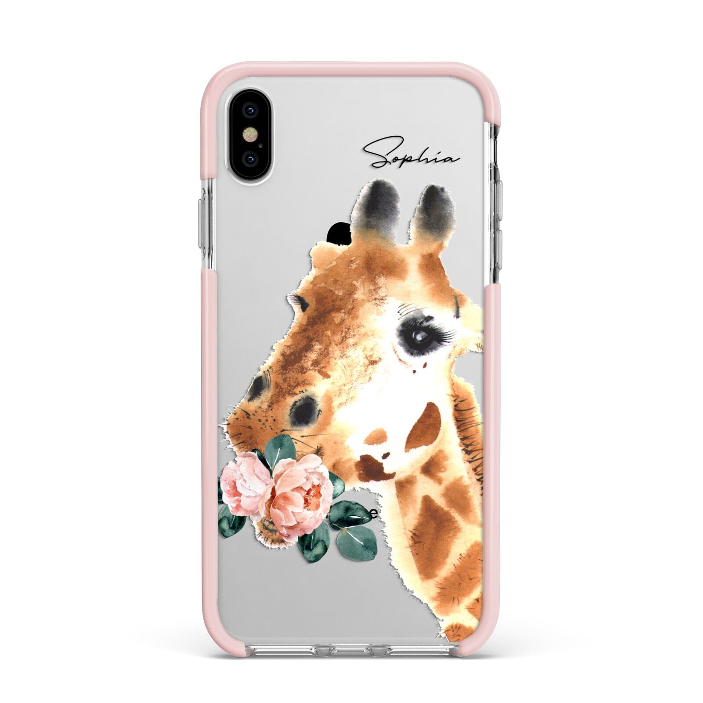 Personalised Giraffe Watercolour Apple iPhone Xs Max Impact Case Pink Edge on Silver Phone