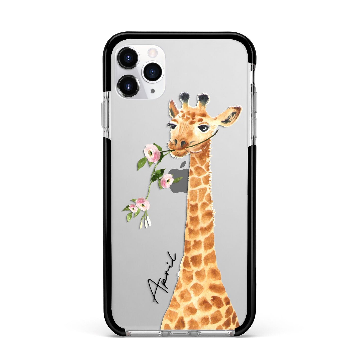 Personalised Giraffe with Name Apple iPhone 11 Pro Max in Silver with Black Impact Case