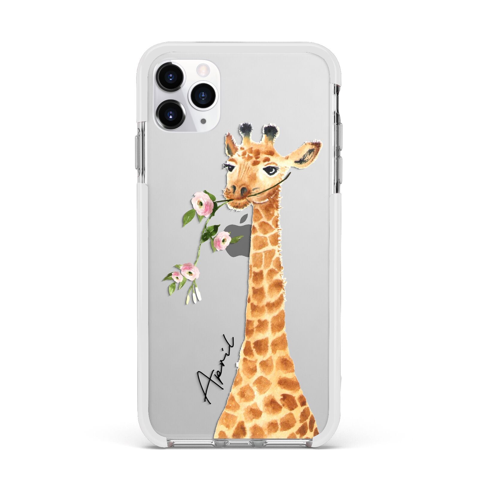 Personalised Giraffe with Name Apple iPhone 11 Pro Max in Silver with White Impact Case