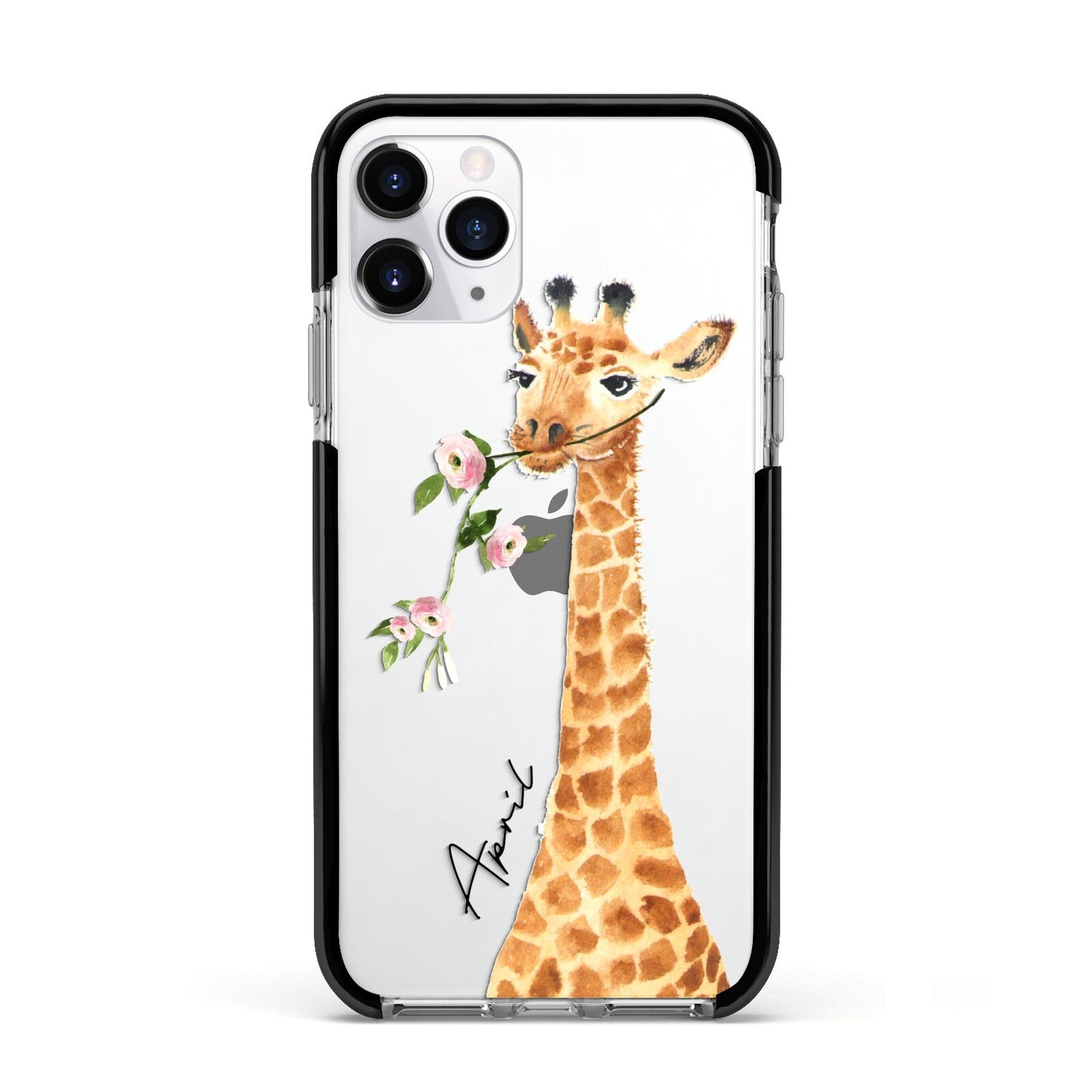 Personalised Giraffe with Name Apple iPhone 11 Pro in Silver with Black Impact Case