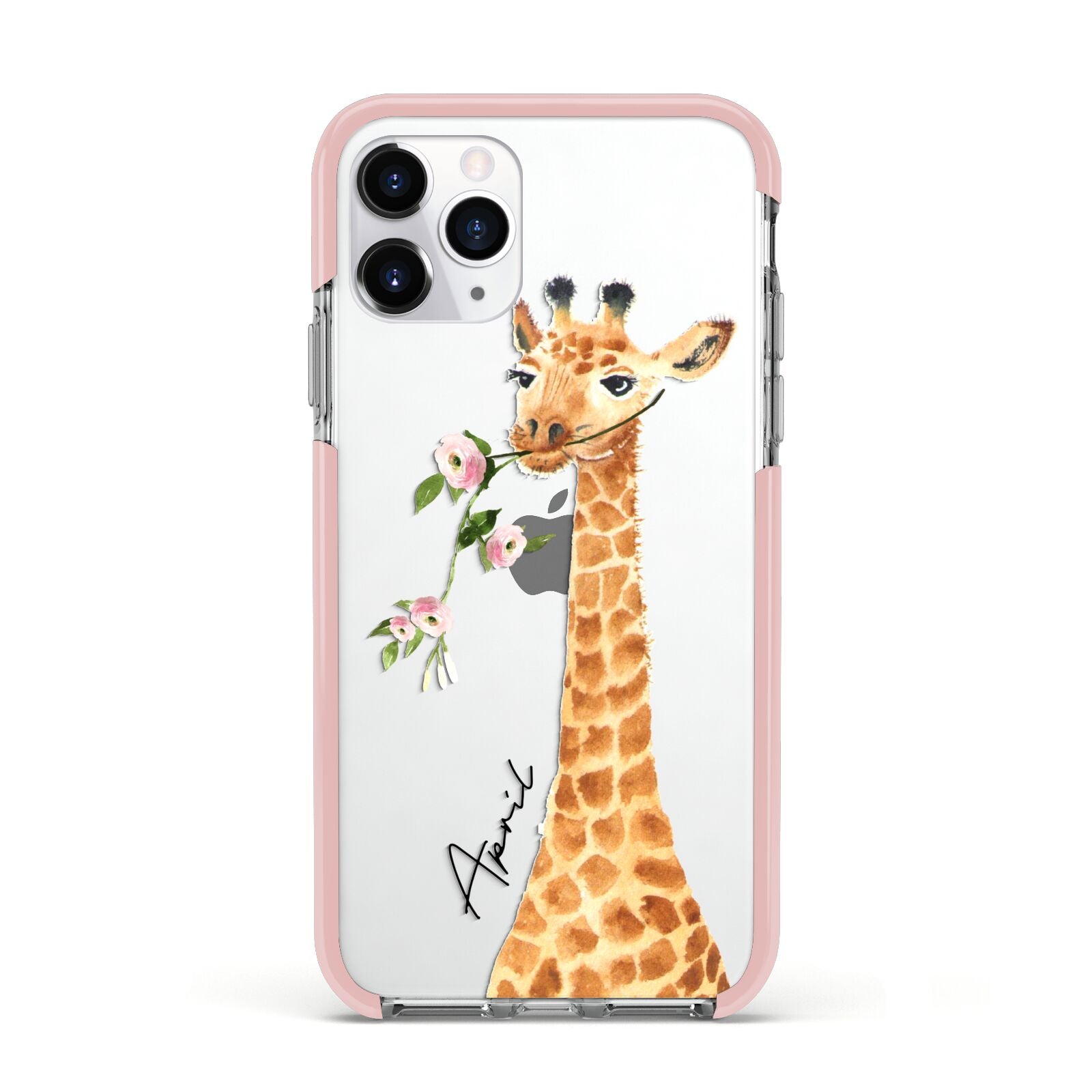 Personalised Giraffe with Name Apple iPhone 11 Pro in Silver with Pink Impact Case