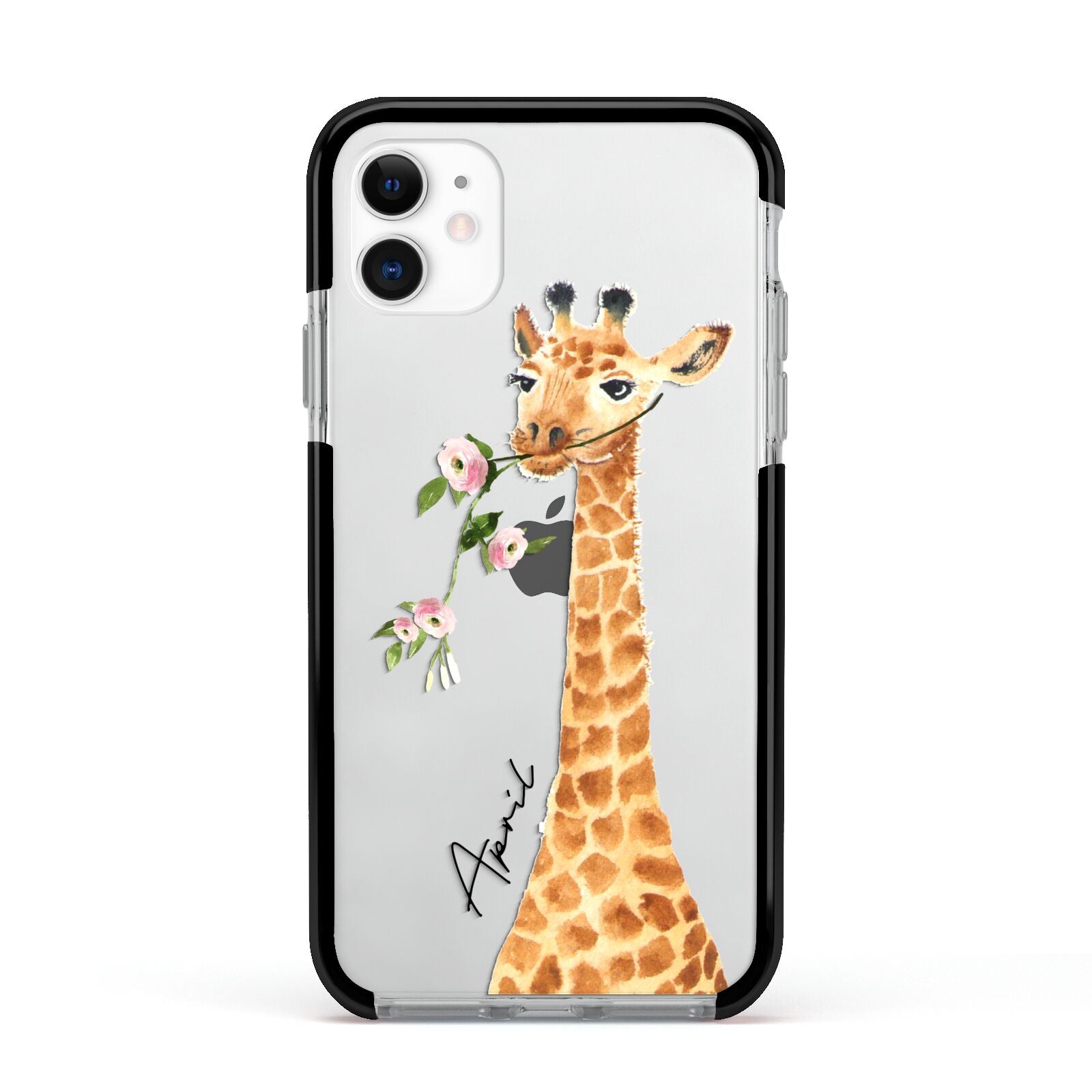 Personalised Giraffe with Name Apple iPhone 11 in White with Black Impact Case