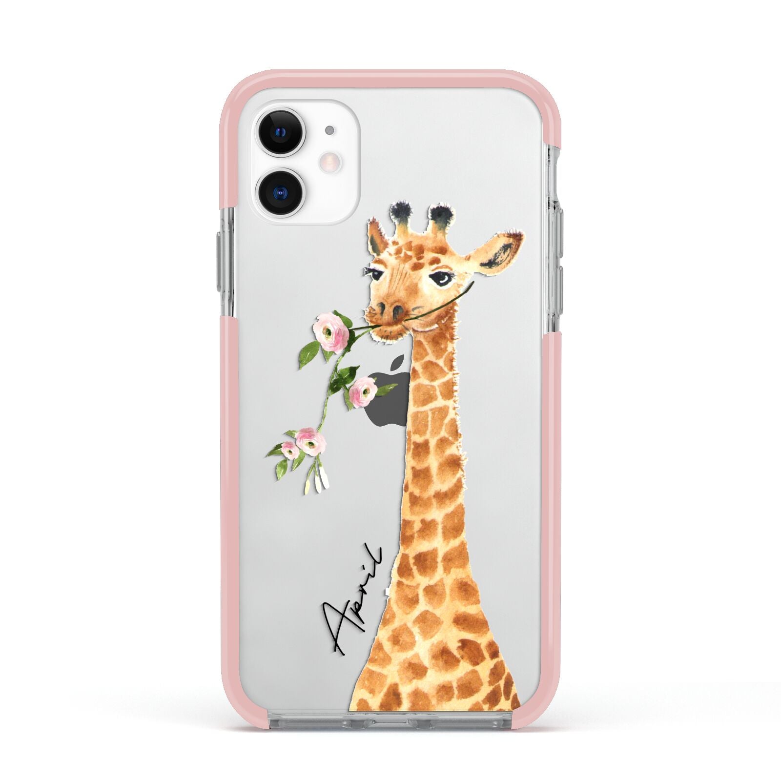 Personalised Giraffe with Name Apple iPhone 11 in White with Pink Impact Case