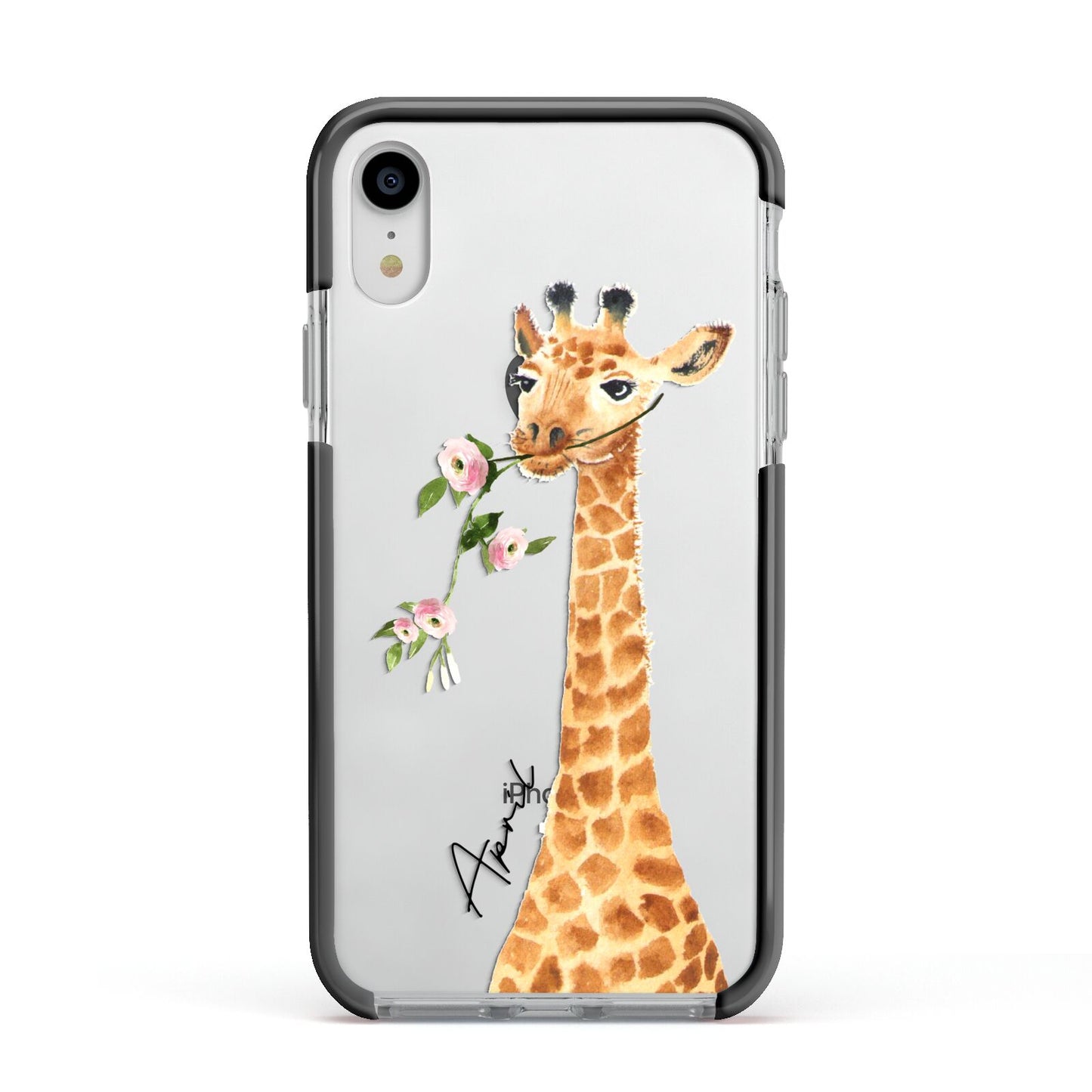 Personalised Giraffe with Name Apple iPhone XR Impact Case Black Edge on Silver Phone