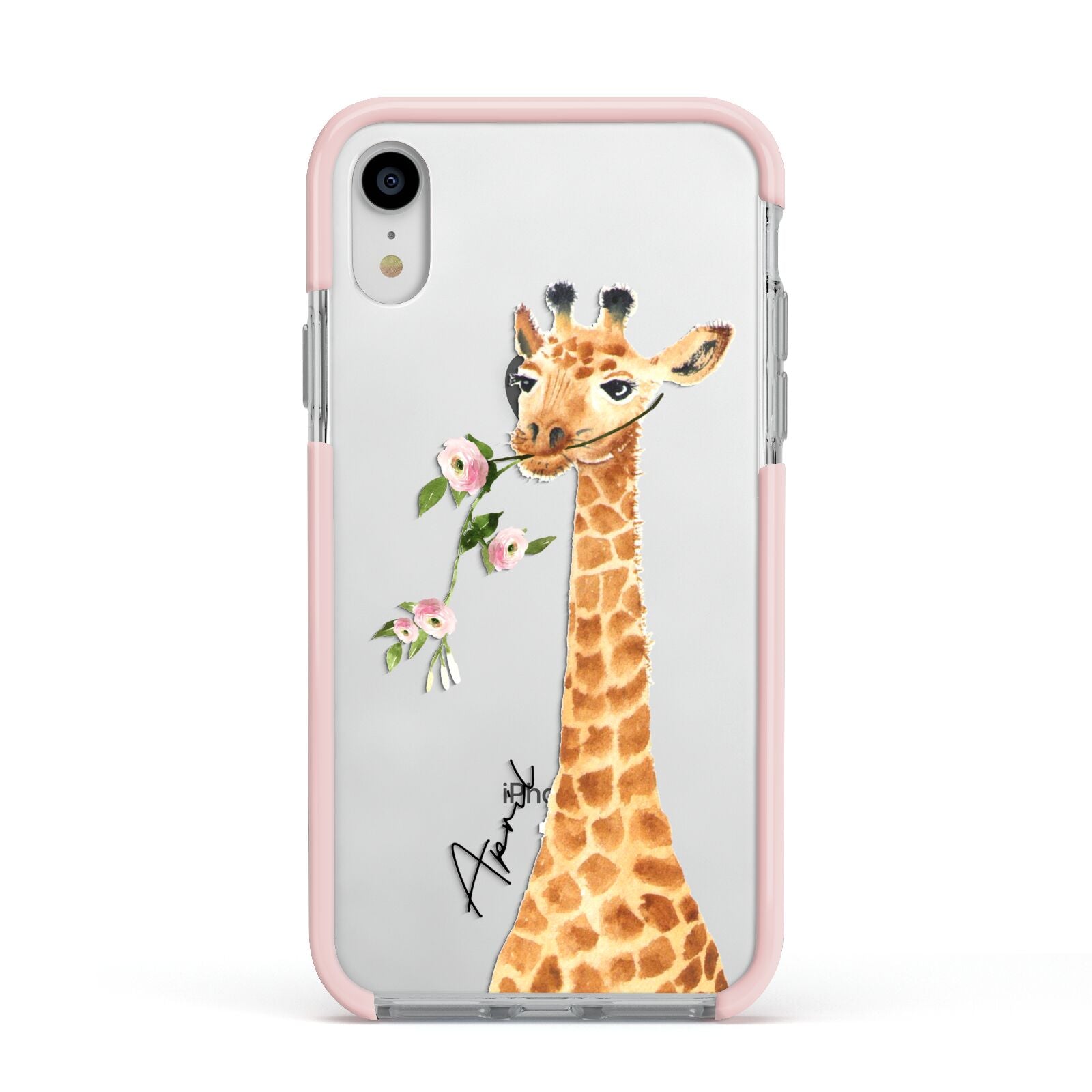 Personalised Giraffe with Name Apple iPhone XR Impact Case Pink Edge on Silver Phone