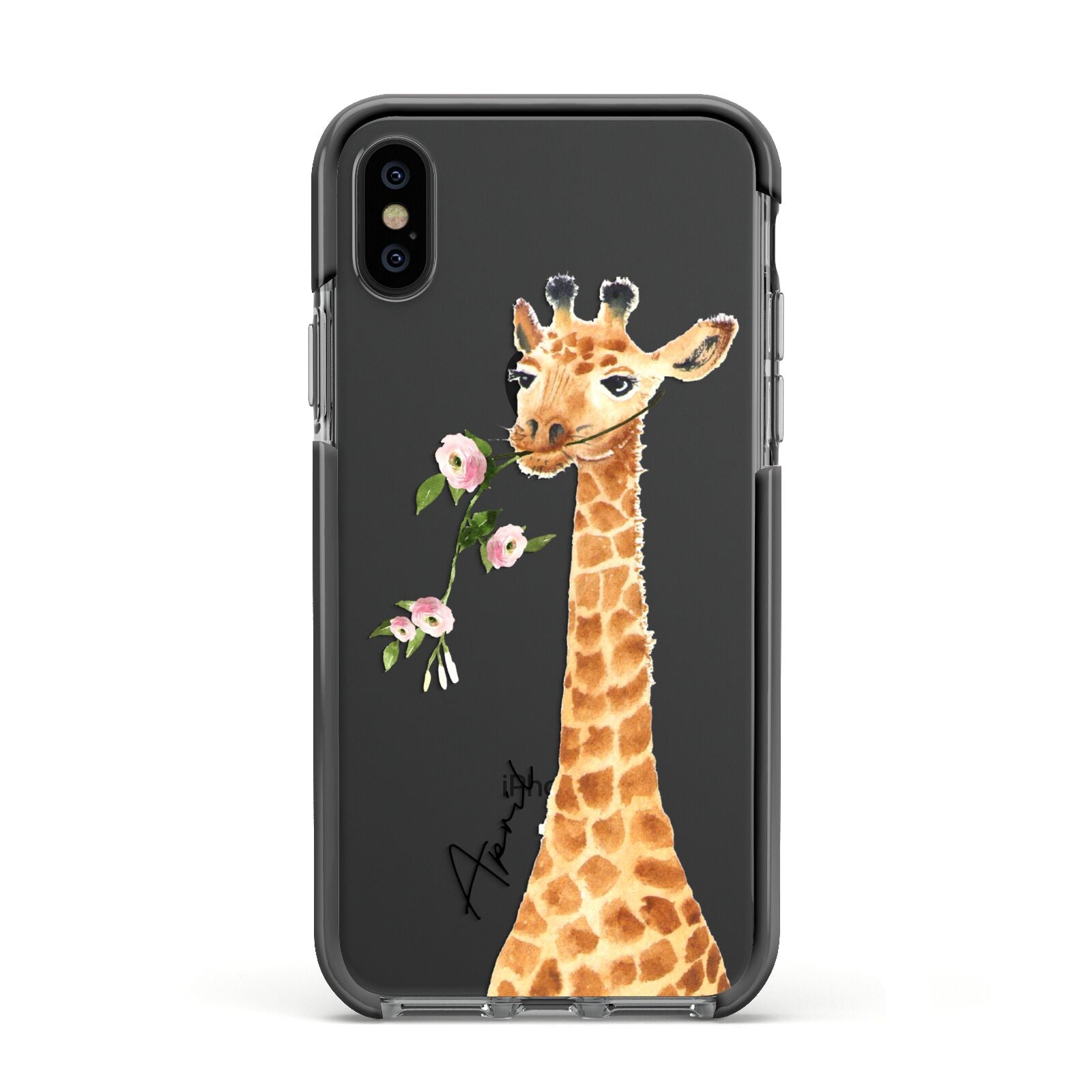 Personalised Giraffe with Name Apple iPhone Xs Impact Case Black Edge on Black Phone