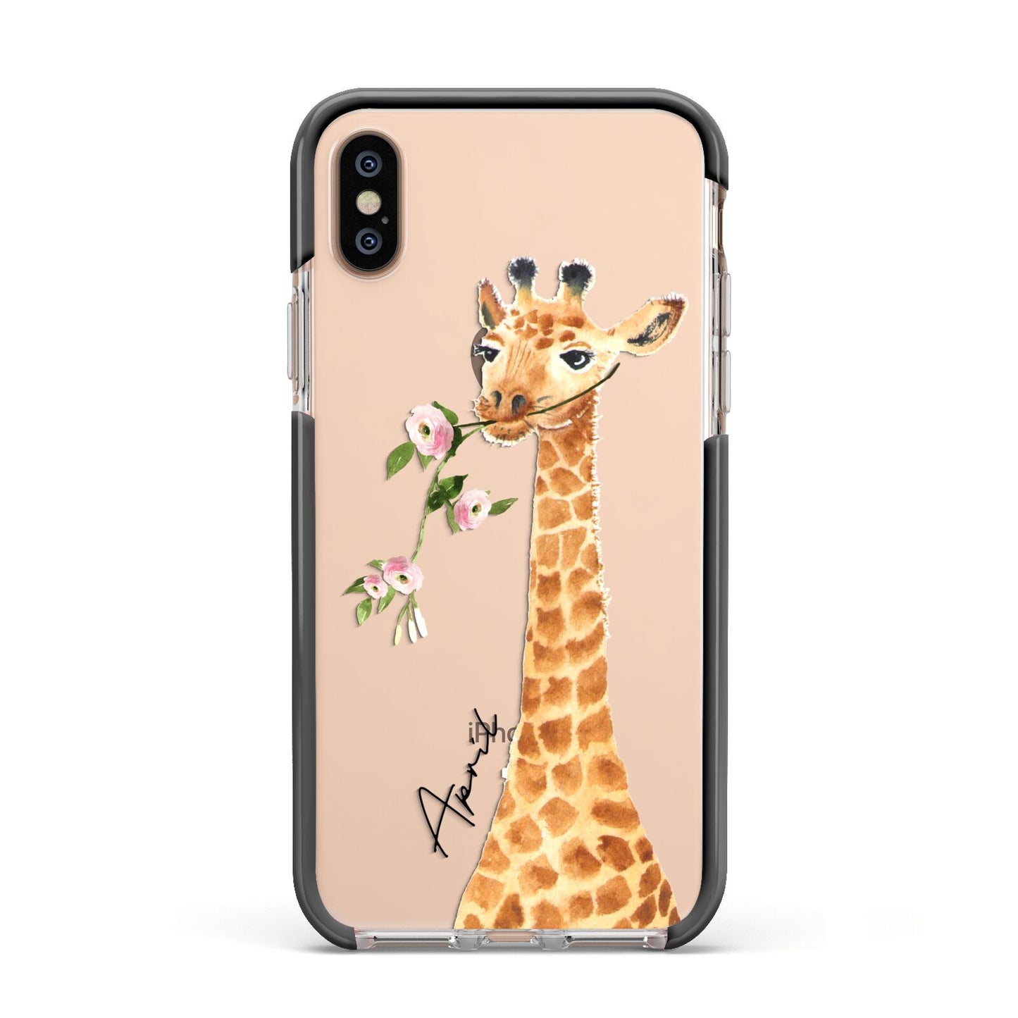 Personalised Giraffe with Name Apple iPhone Xs Impact Case Black Edge on Gold Phone